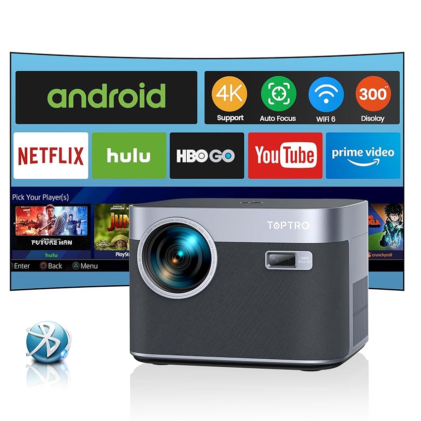 【Android TV & Auto Focus/Keystone】Proiettore 4K Supporta,700ANSI,Videoproiettore 1080P Nativo Full HD TOPTRO Proiettore Home Cinema Zoom 50% WiFi6 per Telefono/TV Stick/PS5 HDMI AV USB
