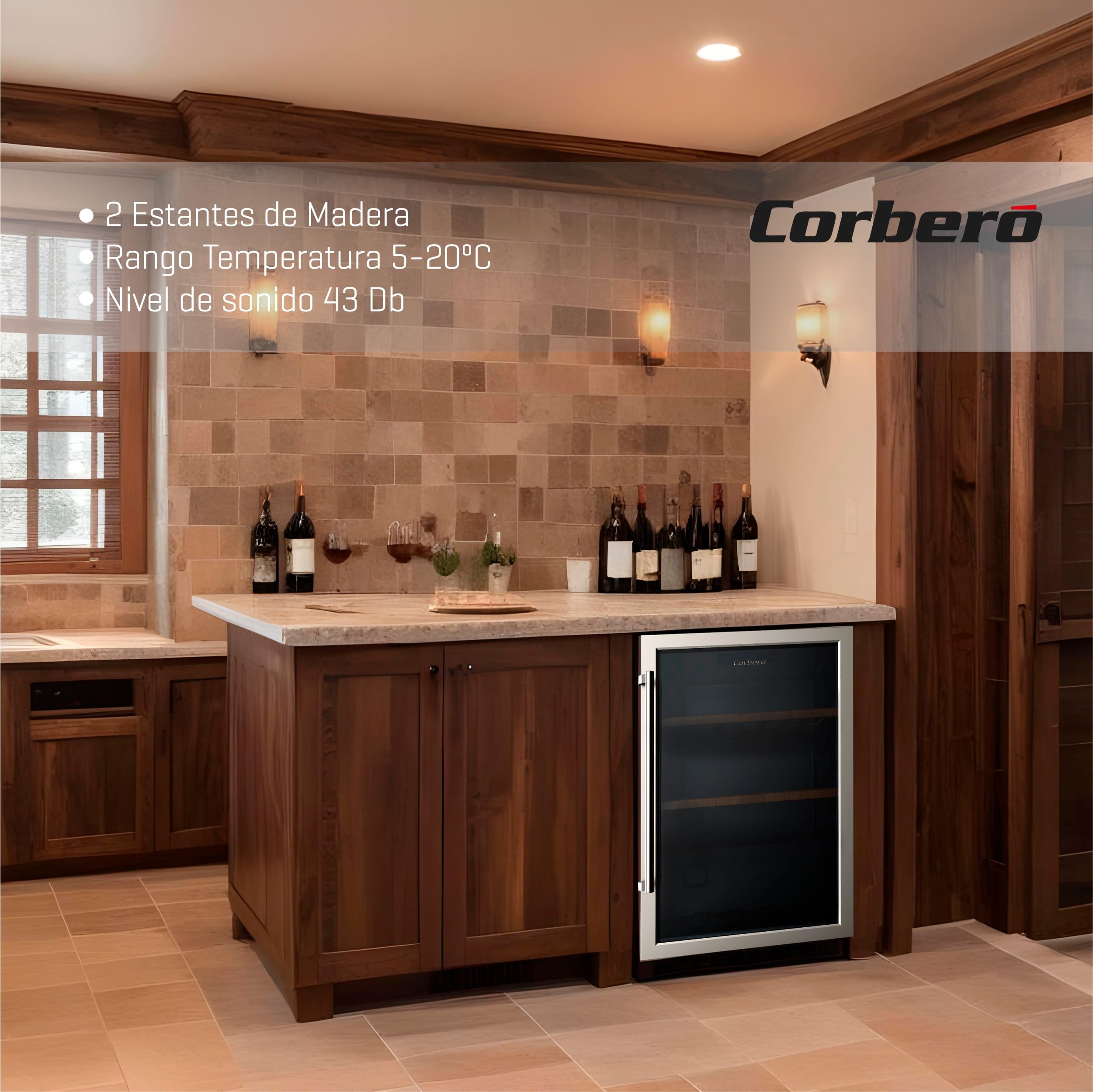 Corberó - Vinoteca CFKWC61SW | 126L | 61 Botellas | Puerta Cristal | Display LED | 2 Estantes Madera | Rango Temperatura 5-20ºC | Nevera para vinos | Negro