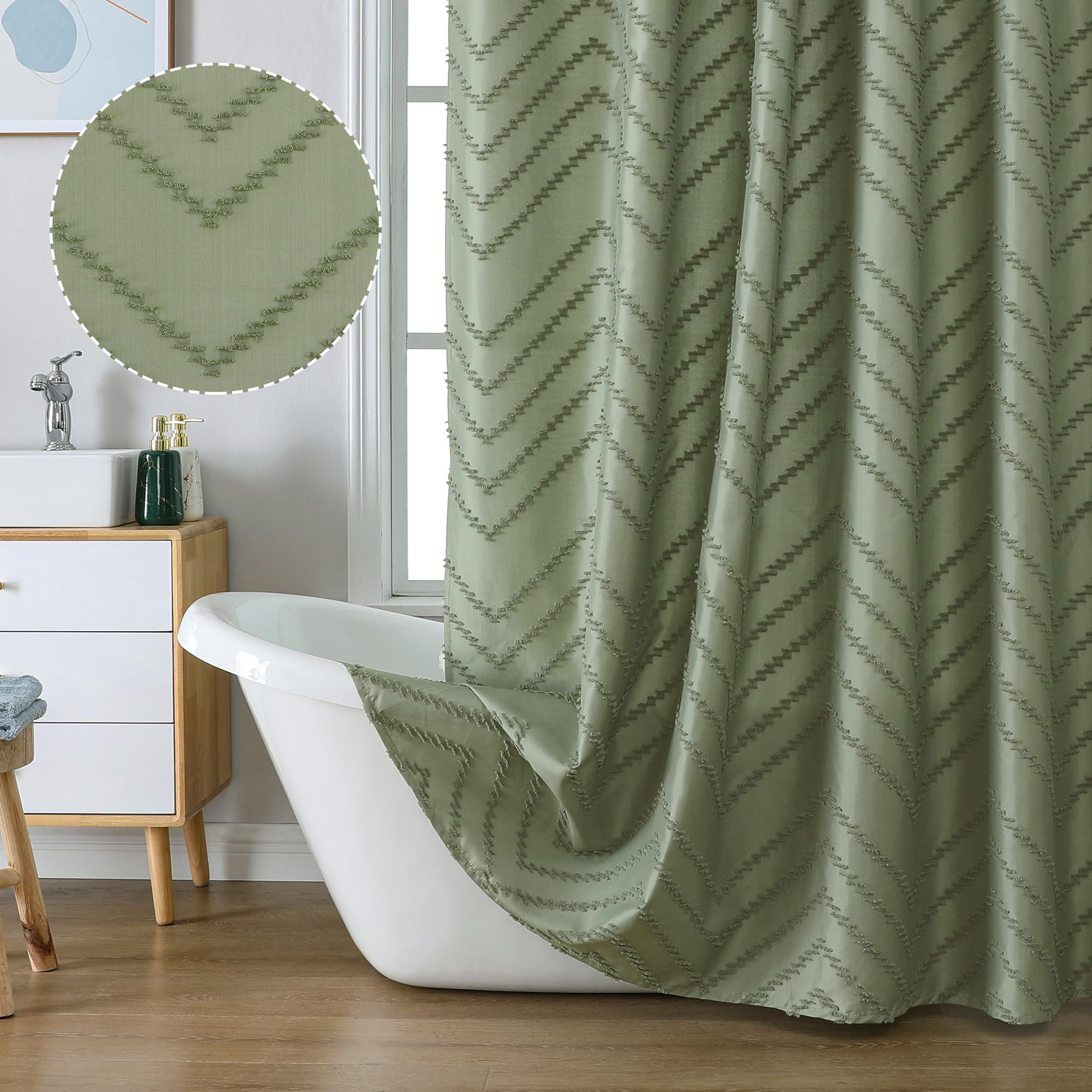 Chyhomenyc Chevron Light Sage Green Boho Shower Curtain 72x72 inches, Fabric Shower Curtain Modern Chic Textured Tufted Chevron Striped Minimalist Hotel Bathroom Shower Curtain
