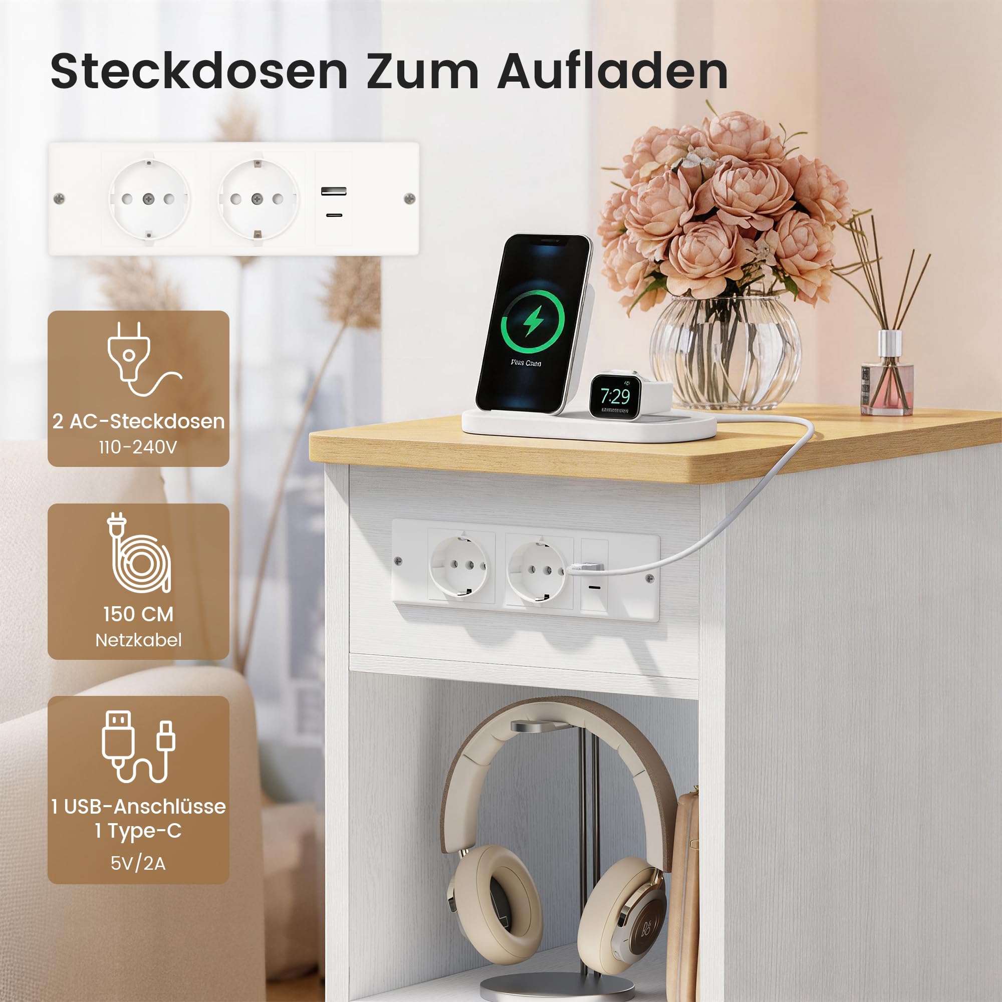 YOUDENOVA Nachttisch Schmal 30 cm, Beistelltisch mit Ladefunktion 2 AC, 1x USB-A und 1x USB-C, Nachtschrank Modern mit 2 Offene Regale und Versteckte Fächer, fürs Wohnzimmer, Schlafzimmer, Natur