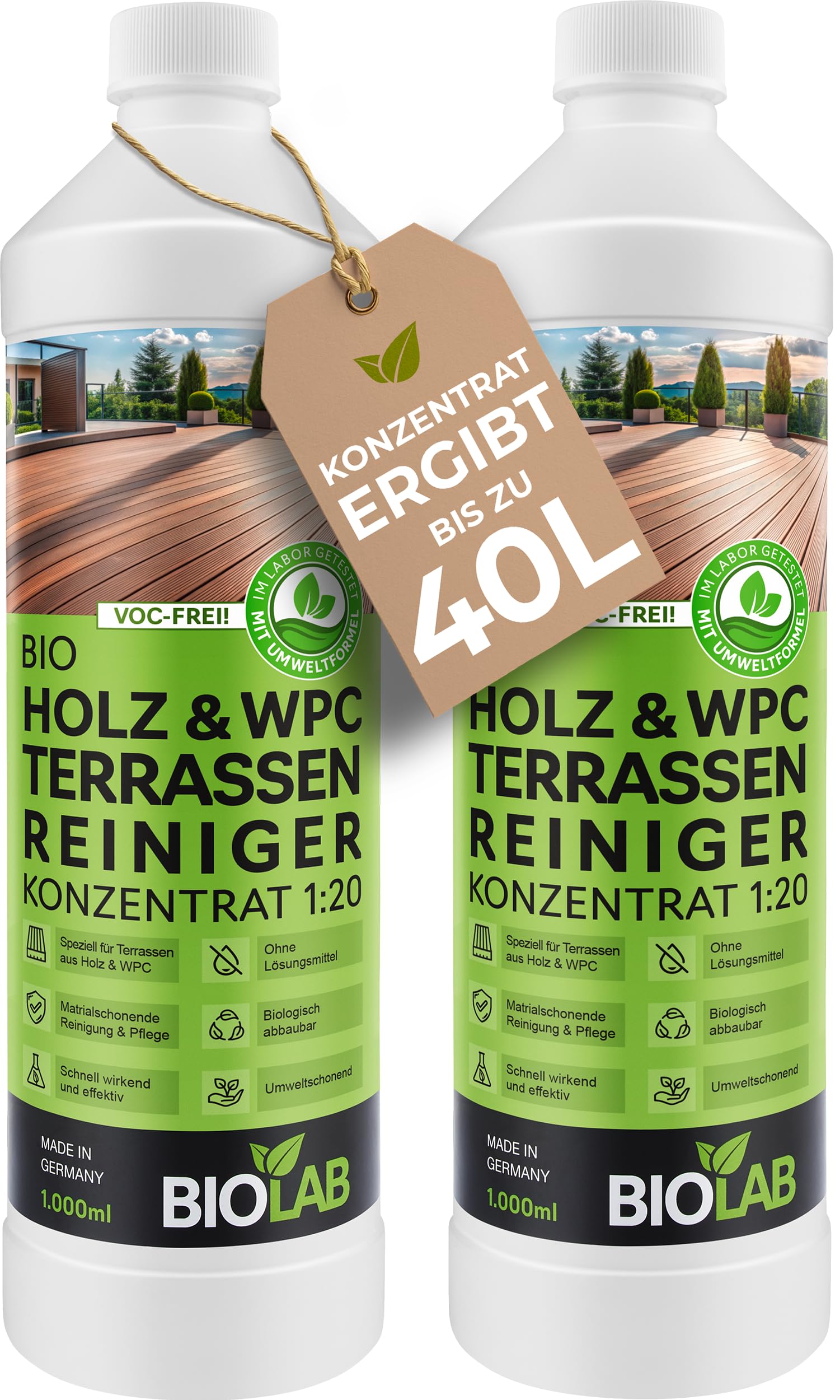 BIOLAB Holz & WPC Terrassen Reiniger Konzentrat 1:20 (2 x 1 Liter) Terrassenreiniger, Holzreiniger, WPC-Reinigungsmittel für den Boden der Terrasse oder Balkon