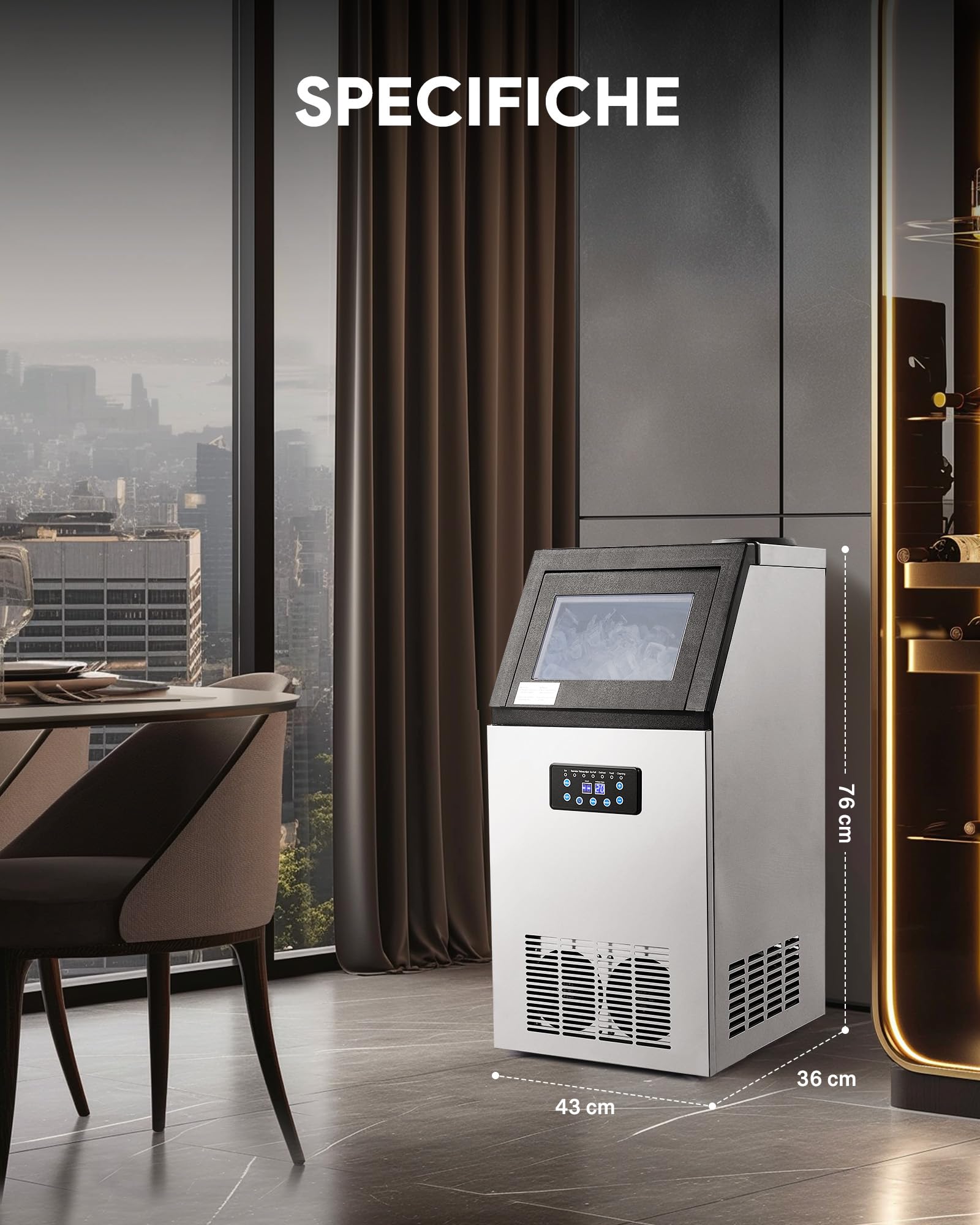 CREWORKS Macchina Ghiaccio Professionale 59kg/24h Fabbricatore Ghiaccio con Schermo LCD Macchina Ghiaccio Autopulente Commerciale in Acciaio Inossidabile per Casa Ufficio Ristorante Bar
