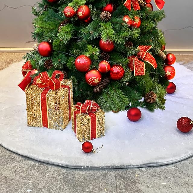 48 Inch Christmas Tree Skirts White Plush Tree Skirt Faux Fur Xmas Tree Skirt for Christmas New Year Party Holiday Home Decorations