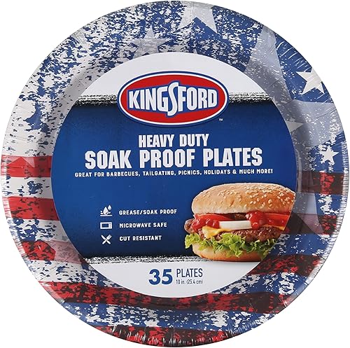 Kingsford Platos redondos de papel resistentes a prueba de remojo, para barbacoas, picnics y vacaciones, aptos para microondas, bandera