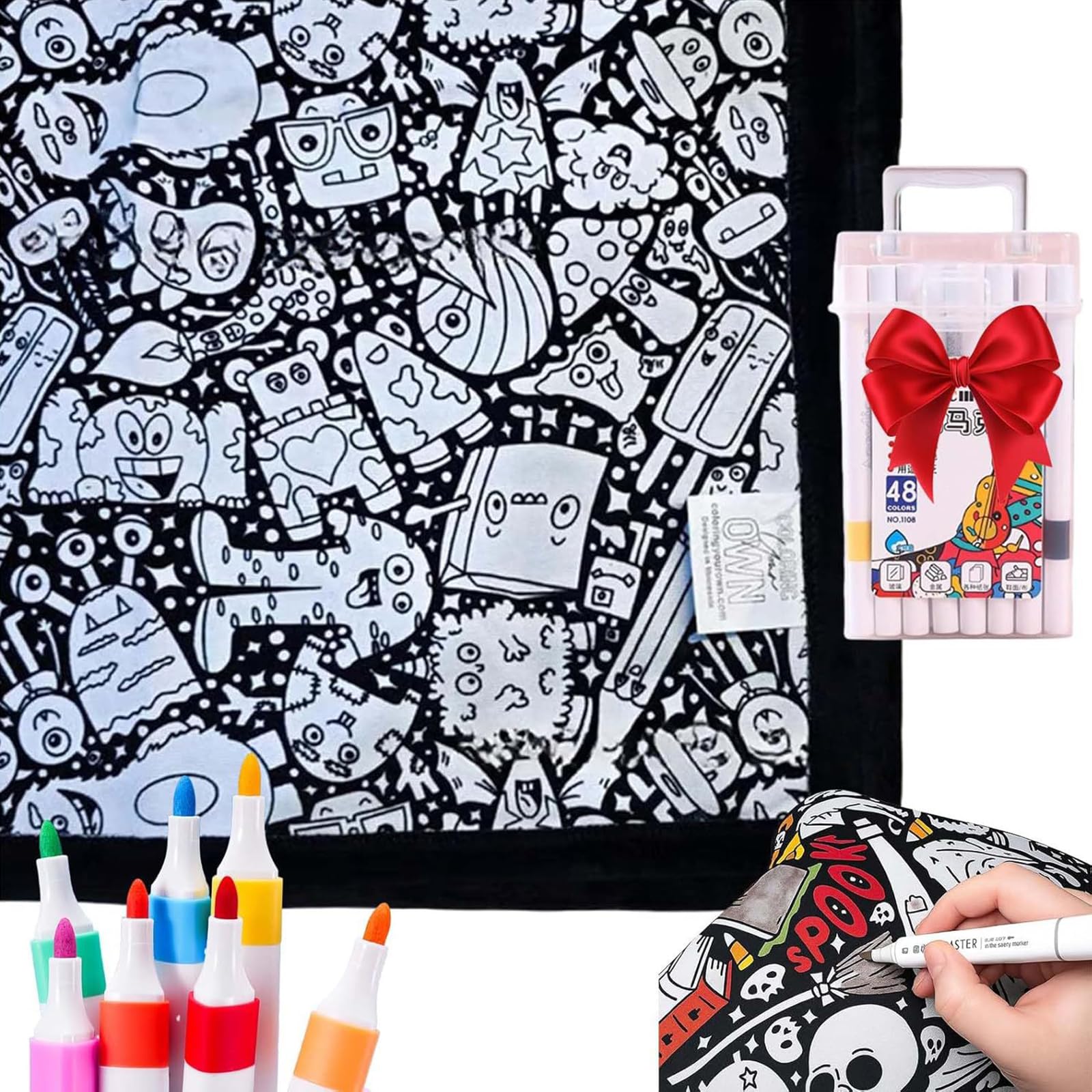 OKESYO Colouring Blanket for Adults, DIY Coloring Blanket with 24pcs Markers, Color Your Own Throw Blanket for Adults, Personalized Comfortable Home Decoration, Washable and Recolorable