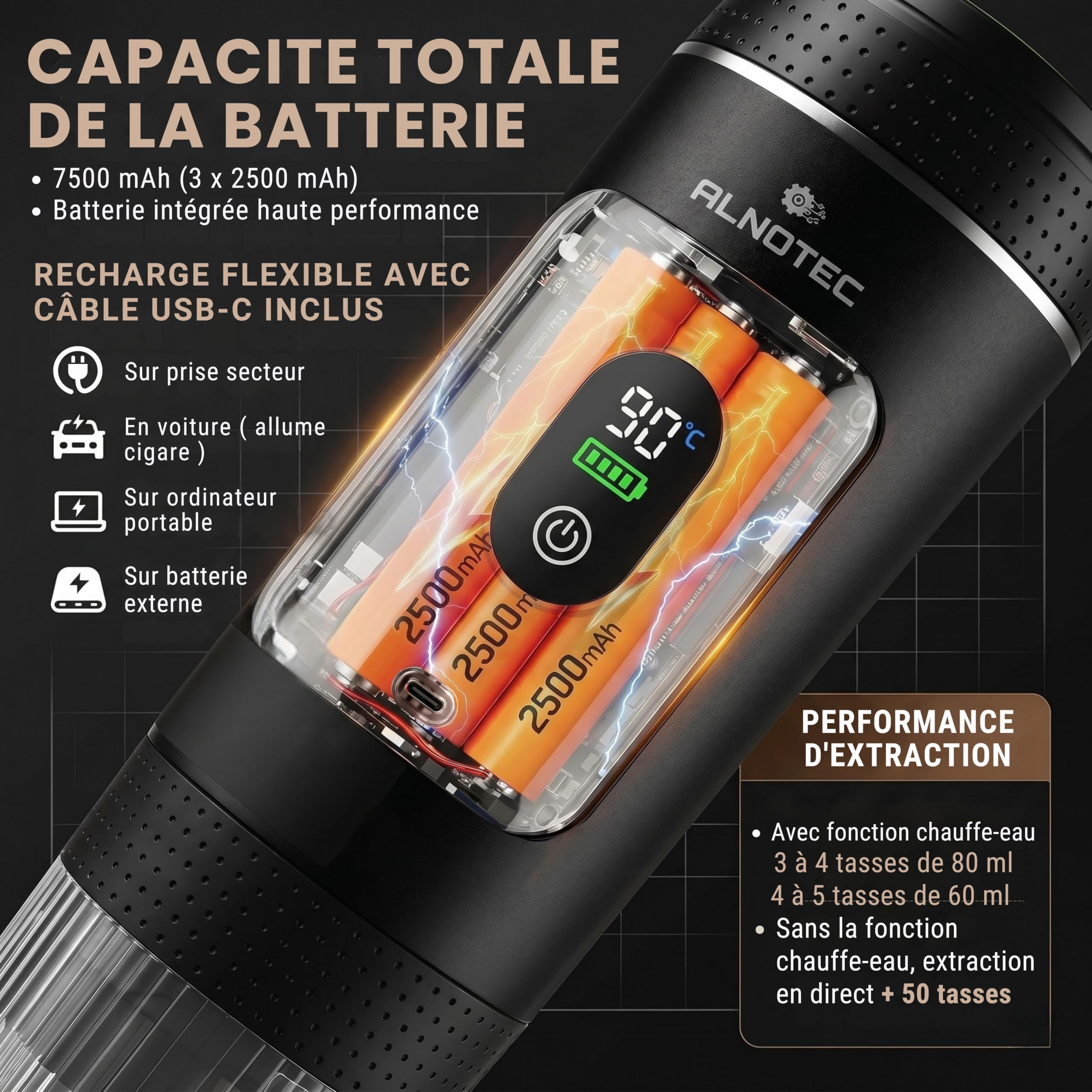 Cafetera portátil eléctrica con calefacción automática, 20 bar – 3 en 1 compatible con cápsulas NES, DG y café molido, 80 ml – Pantalla LED – Funda + soporte incluido – Recargable USB-C