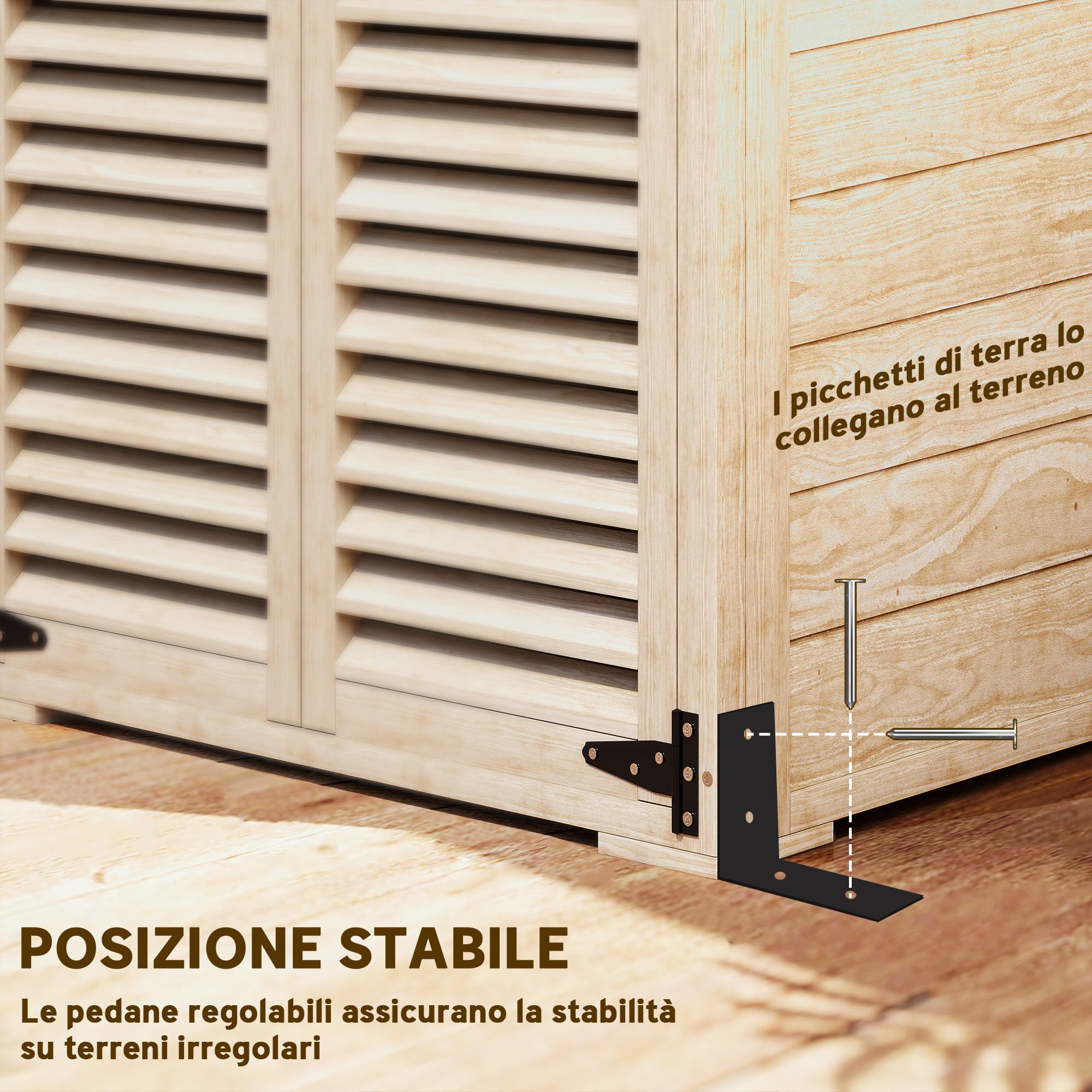 Outsunny Armadio da Esterno Portaoggetti a 2 Ripiani con Picchetti e Tetto Inclinato, Casetta da Giardino in Legno di Abete, 75x50x111/118 cm, Color Legno