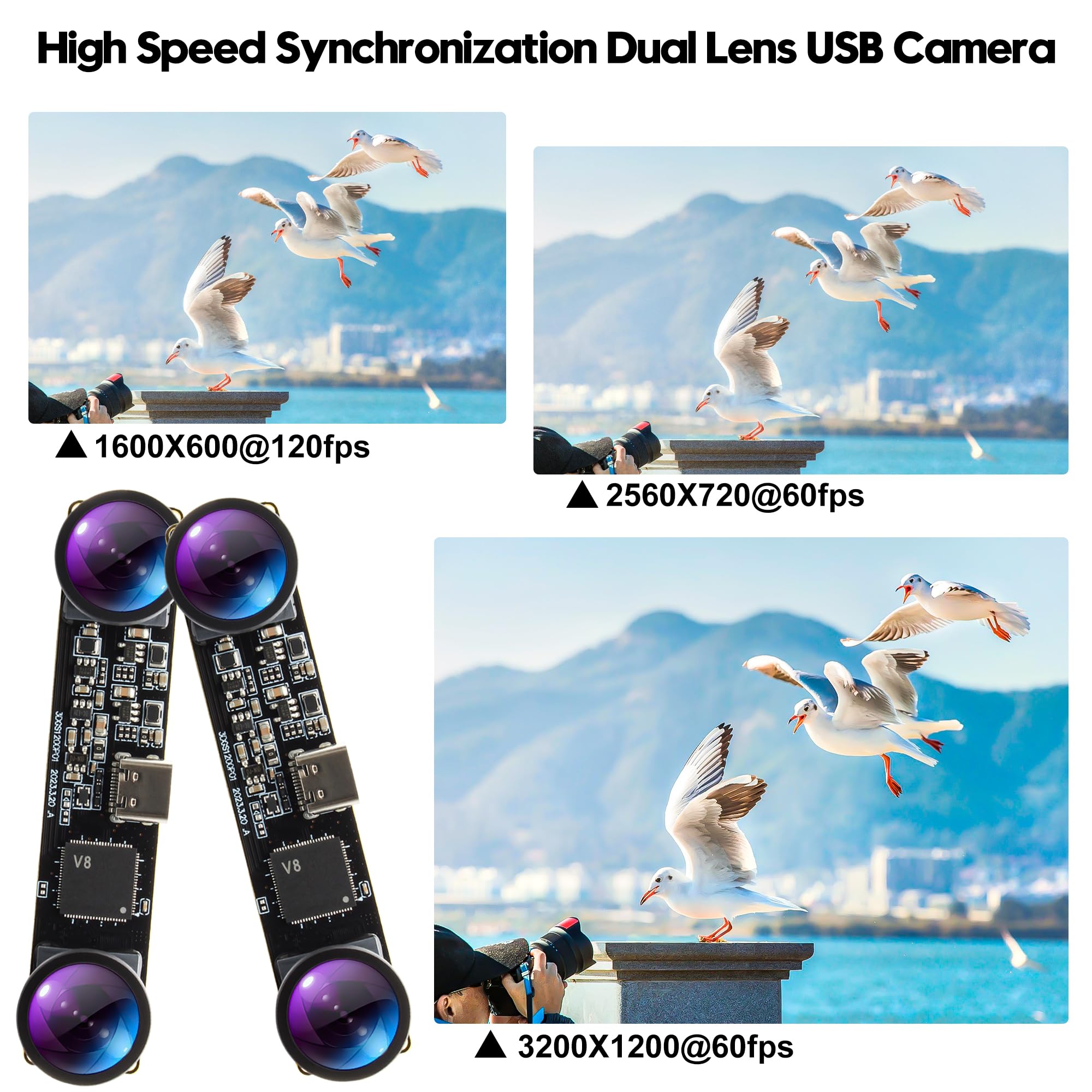 Cámara USB con obturador global de 1200P | Lente dual estéreo 3D VR de alta velocidad de 120 fps | Cámara de sincronización gran angular sin distorsión para robótica, reconocimiento facial y