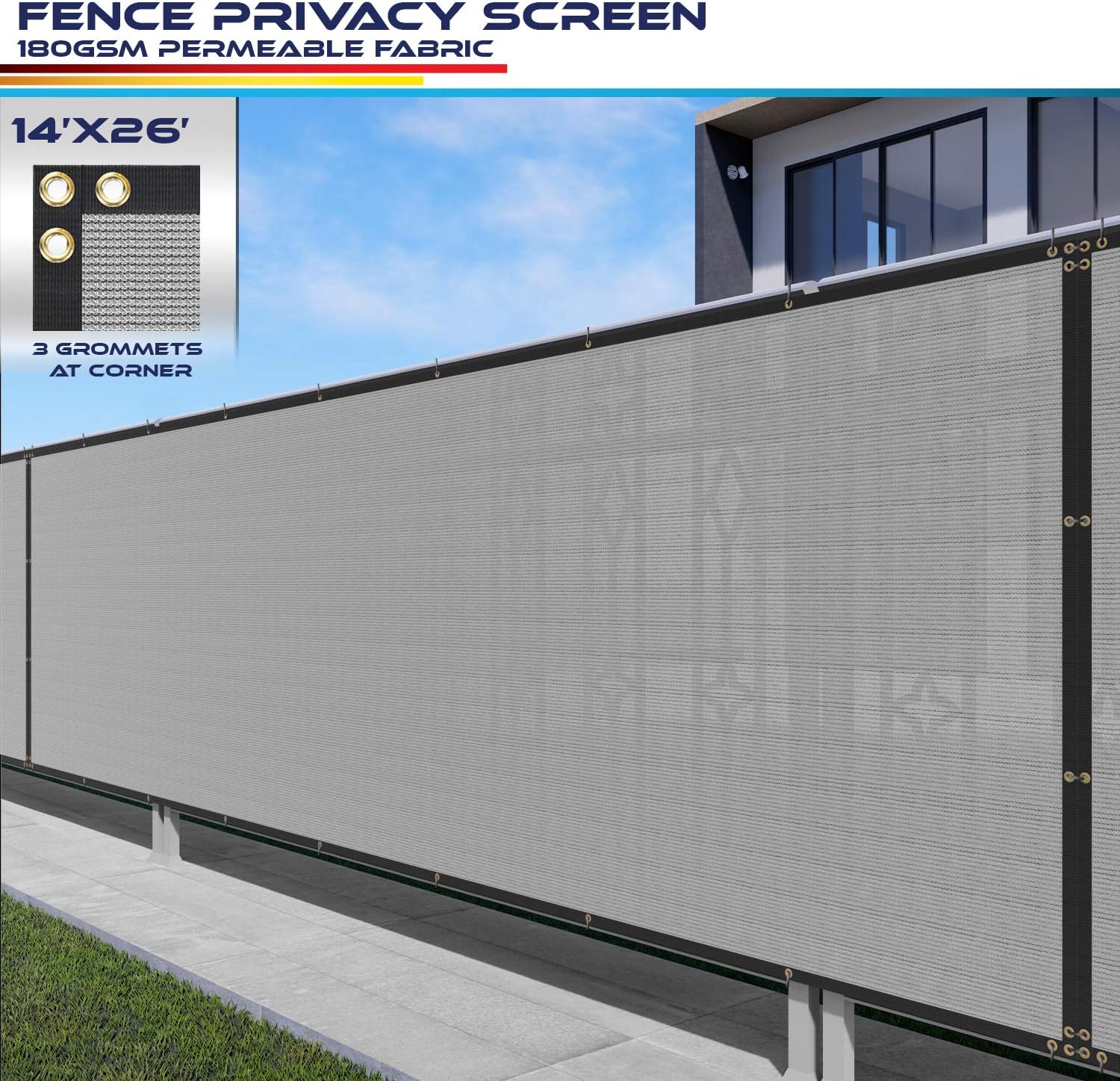 Windscreen4less Fence Privacy Screen 14' x 26',Light Gray,Pergola Shade Cover Patio Canopy Sun Block,180 GSM,95% Privacy Blockage,Mesh Fabric with Brass Gromment