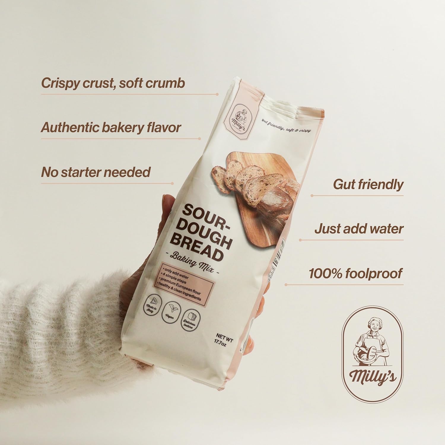 Milly’s Sourdough Bread Mix – Just Add Water, No Starter Needed | Easy Artisan Homemade Bread with 6 Clean Ingredients | Non-GMO, Made in Italy, European Stone-Milled Flour | Sourdough Starter Kit for Beginners (Makes 7 Loaves)