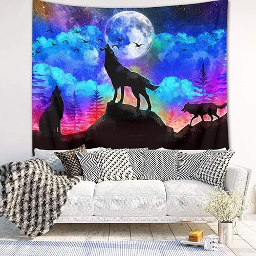 Miniatura 2 de HVEST Tapiz de lobo de luna llena en el cielo, tapiz de pared morado para colgar en la pared, de lobos de animales salvajes, para dormitorio, sala