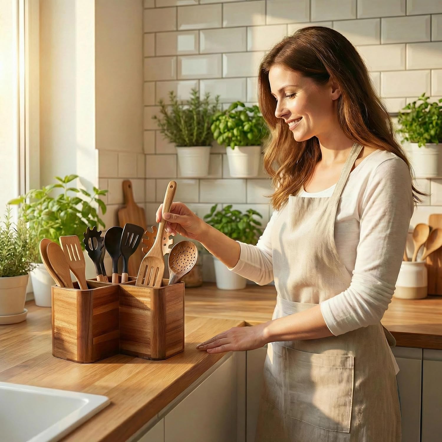 Large Kitchen Utensils Holder with 3 Compartments,Corner Utensil Caddy for Countertop,Acacia Wooden Utensil Organizer for Kitchen Countertop, Farmhouse Decor
