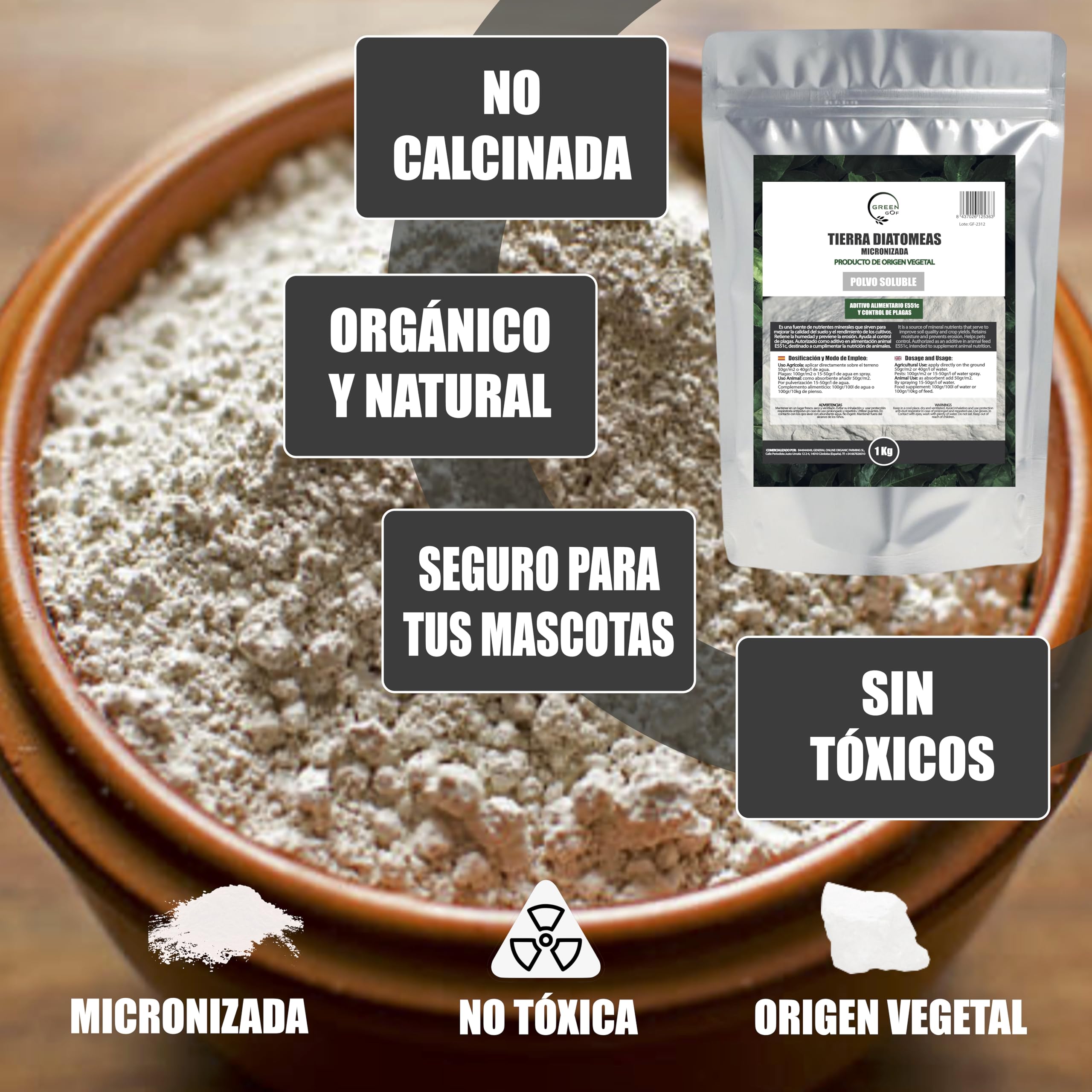GREENGOF Tierra de Diatomeas Micronizada 1Kg - 100% Natural - Aditivo Alimenticio Animal E551c - No calcinada - Alta Pureza - Sin tratamientos ni residuos. Uso en Agricultura, Jardín y Animales.