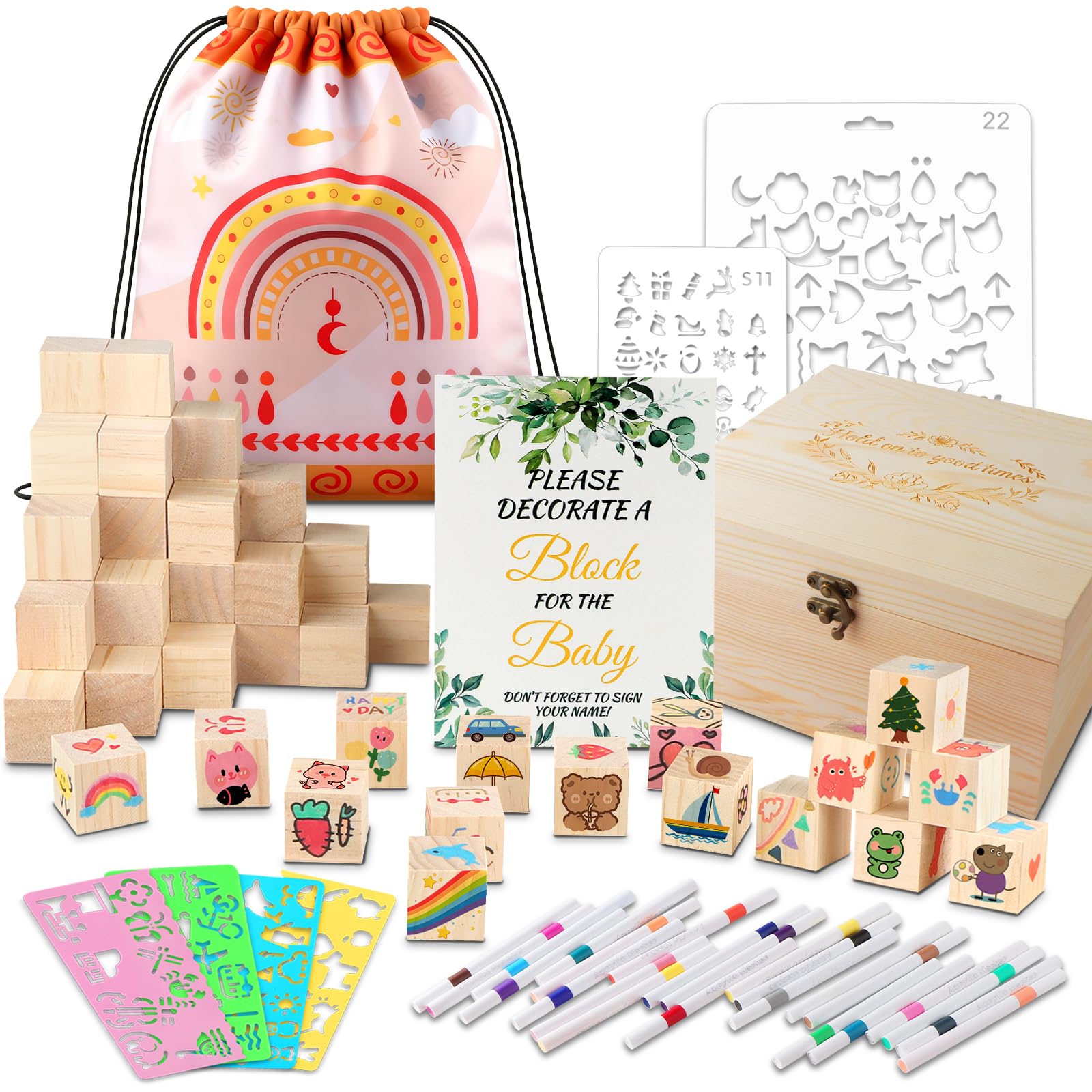 Juego de construcción de 93 piezas para baby shower con 60 cubos de madera para pintar + 24 lápices acrílicos + 6 plantillas + cartel de madera blanco + caja de madera baby shower