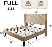 Vista 2 de iPormis - Base de cama tapizada de tamaño completo con cabecera capitonada con botones, base de cama tapizada con listones de madera sólidos, 20 cm