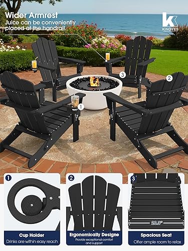 Vista 273 de KINGYES - Silla Adirondack plegable, sillas de patio de polietileno de alta densidad para todo tipo de clima, silla de césped con textura de madera