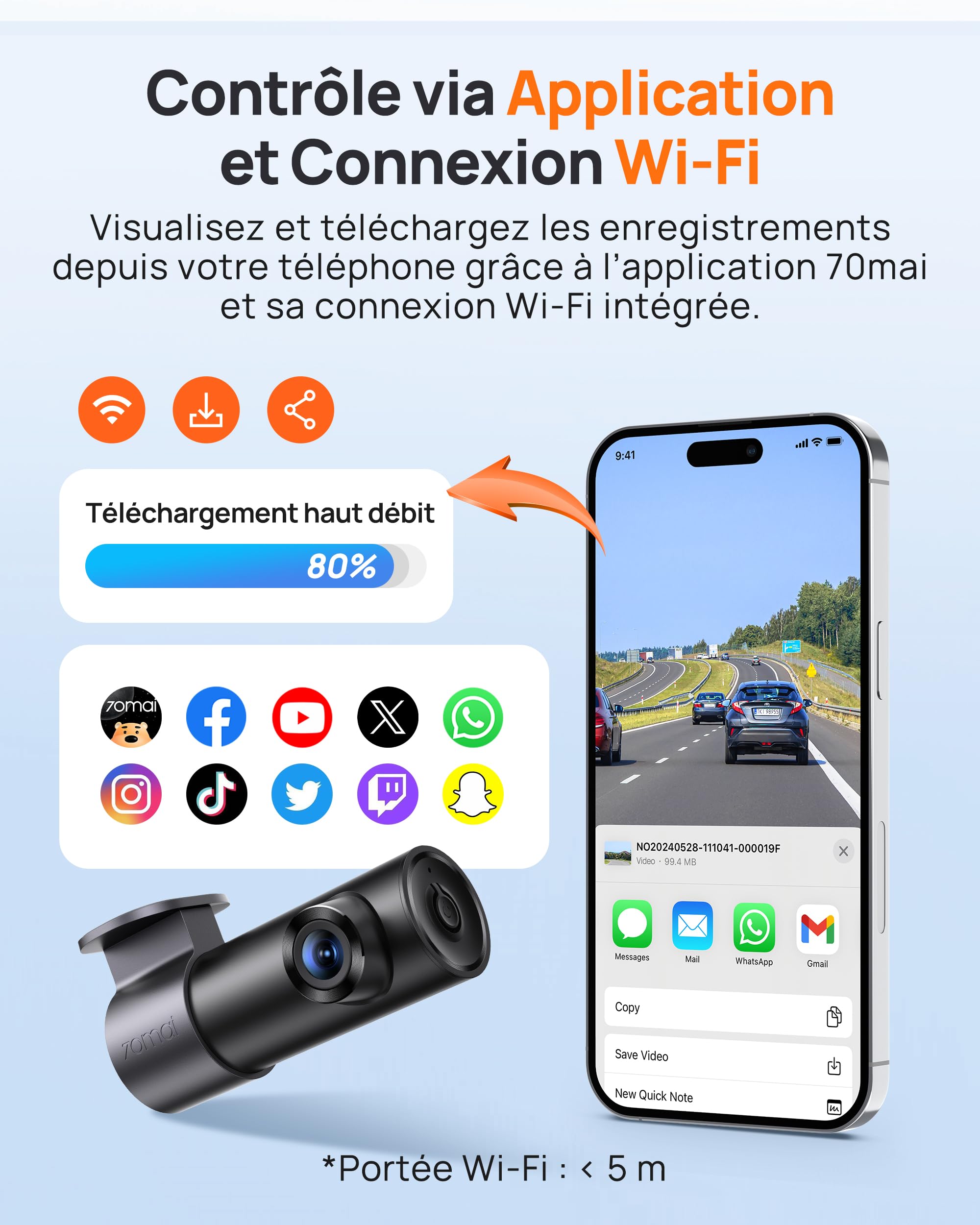 70mai Dash Cam Voiture M310 Plus 3K, 1620P Caméra Embarquée Voiture avec WDR,Vision Nocturne, Enregistrement en Boucle, Mode Stationnement 24H,G-Capteur, Dashcam sans Fil de Contrôle APP, Max 256 Go
