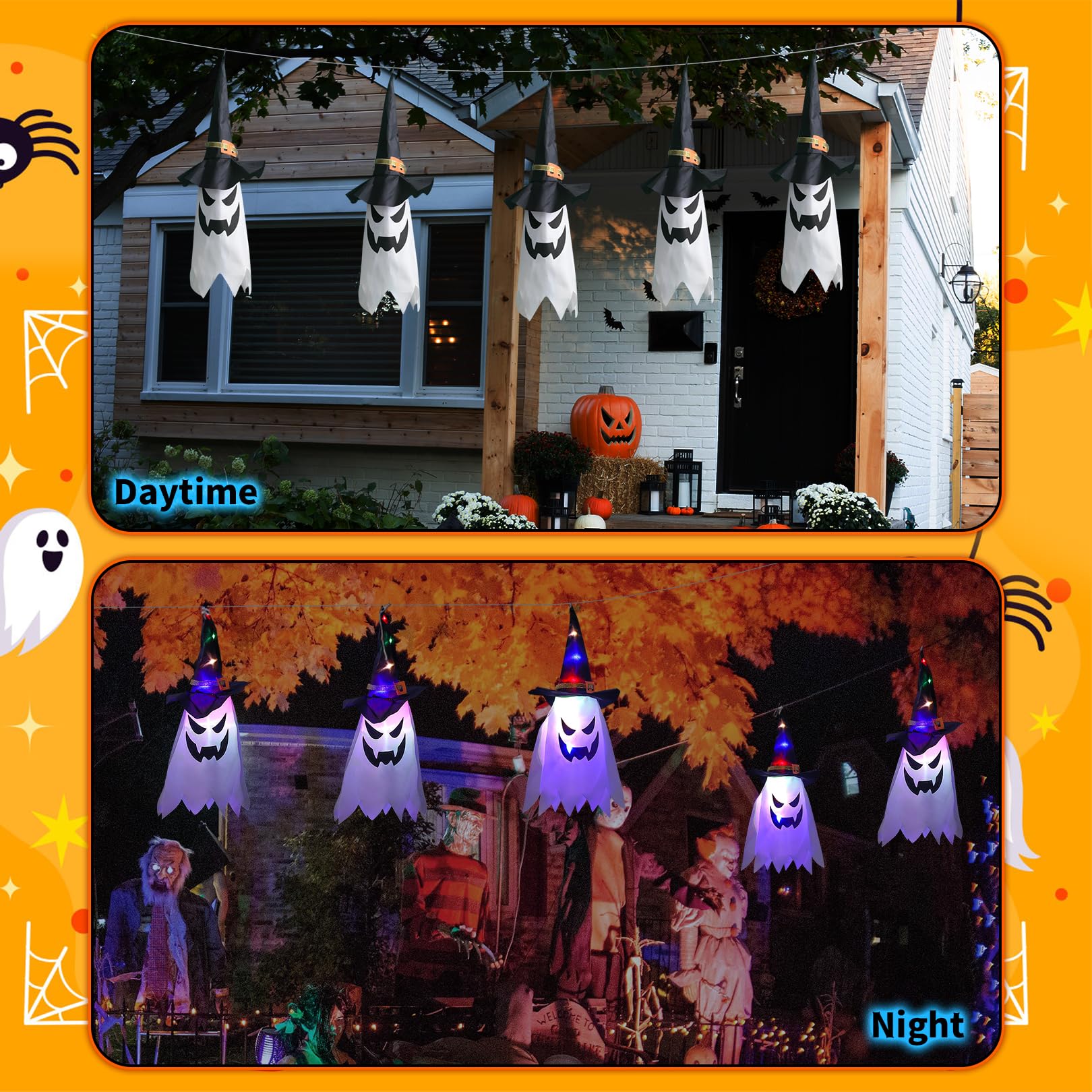 Guirlande Lumineuse Halloween - 5 Fantômes Avec Chapeaux De Sorcière, LED, Piles AAA