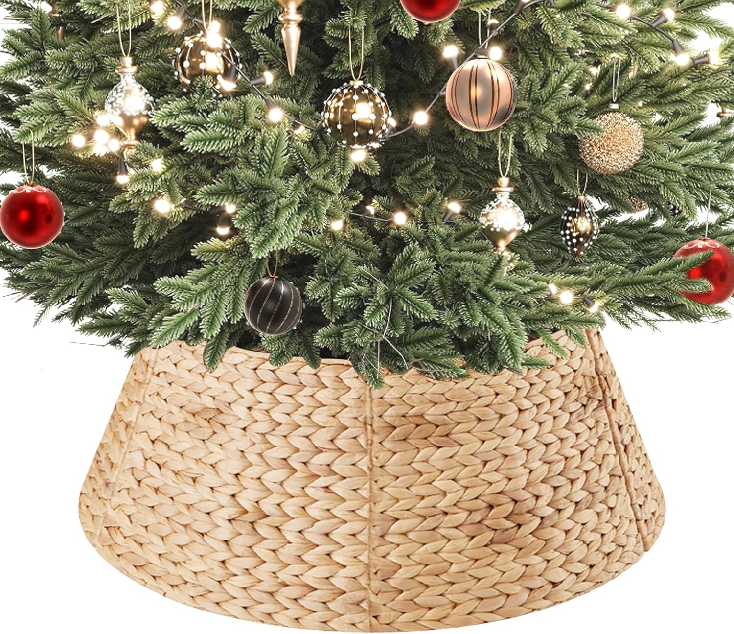 Heybly 27 inch Christmas Tree Collar, Natural Woven Hyacinth Rattan Tree Ring,Holiday Decoration Base Cover for Home, Living Room?Metal Frame?Natural HTS002SN Water Hyacinth 27"