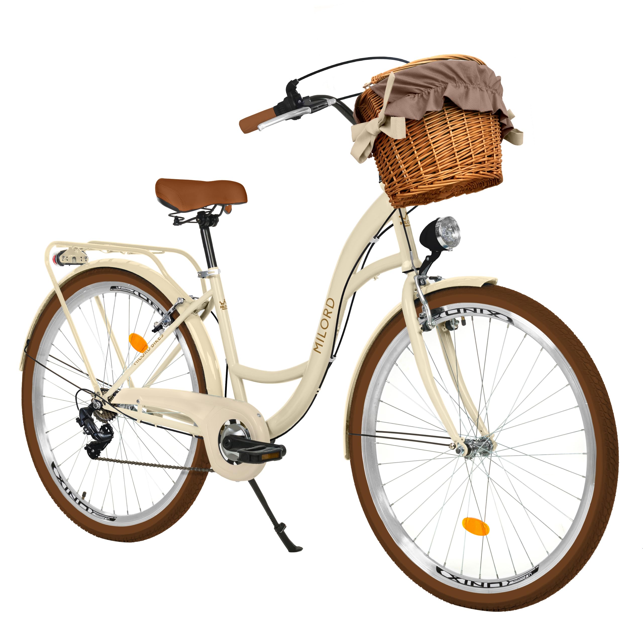 MILORD Damenfahrrad Citybike Komfort Mit Weidenkorb Hollandrad Vintage Fahrrad, 26, 28 Zoll, 7-Gang (Braun-Creme, 28 Zoll)