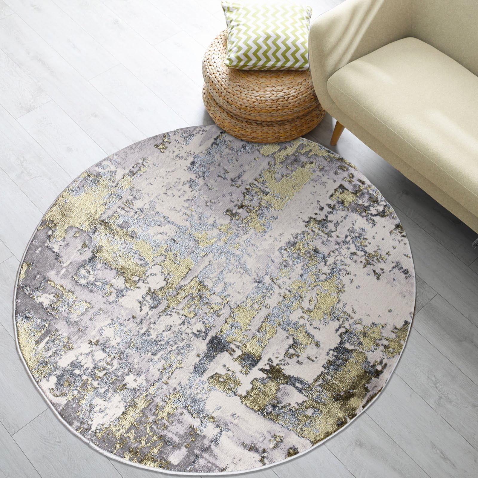 renoazul® Soft Pile Round Rug With Jute Backing, Abstract - 120 x 120 cm - Ochre Rug, Washable Carpet for Bedroom, Dining, Office and Kids Room