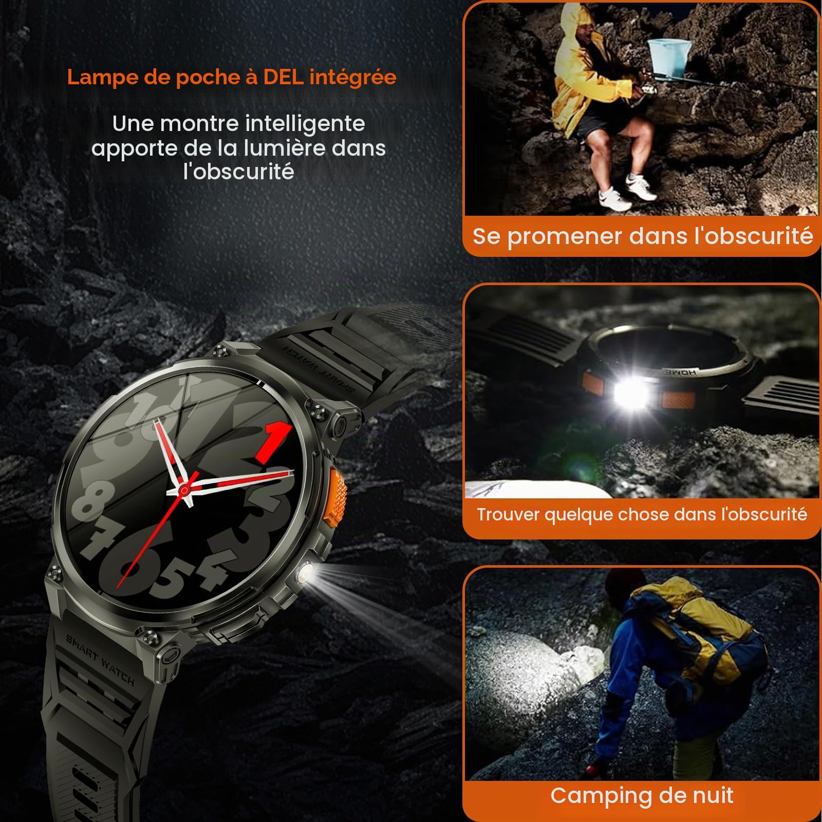 Montre Connectée Homme - 1.85'' HD Grand Écran Montre Connectée avec Torche LED/730mAh/IP68 Étanche, 120 Modes Sportifs, Moniteur de Fréquence Cardiaque/Sommeil/Sp02, Smartwatch Homme pour Android iOS