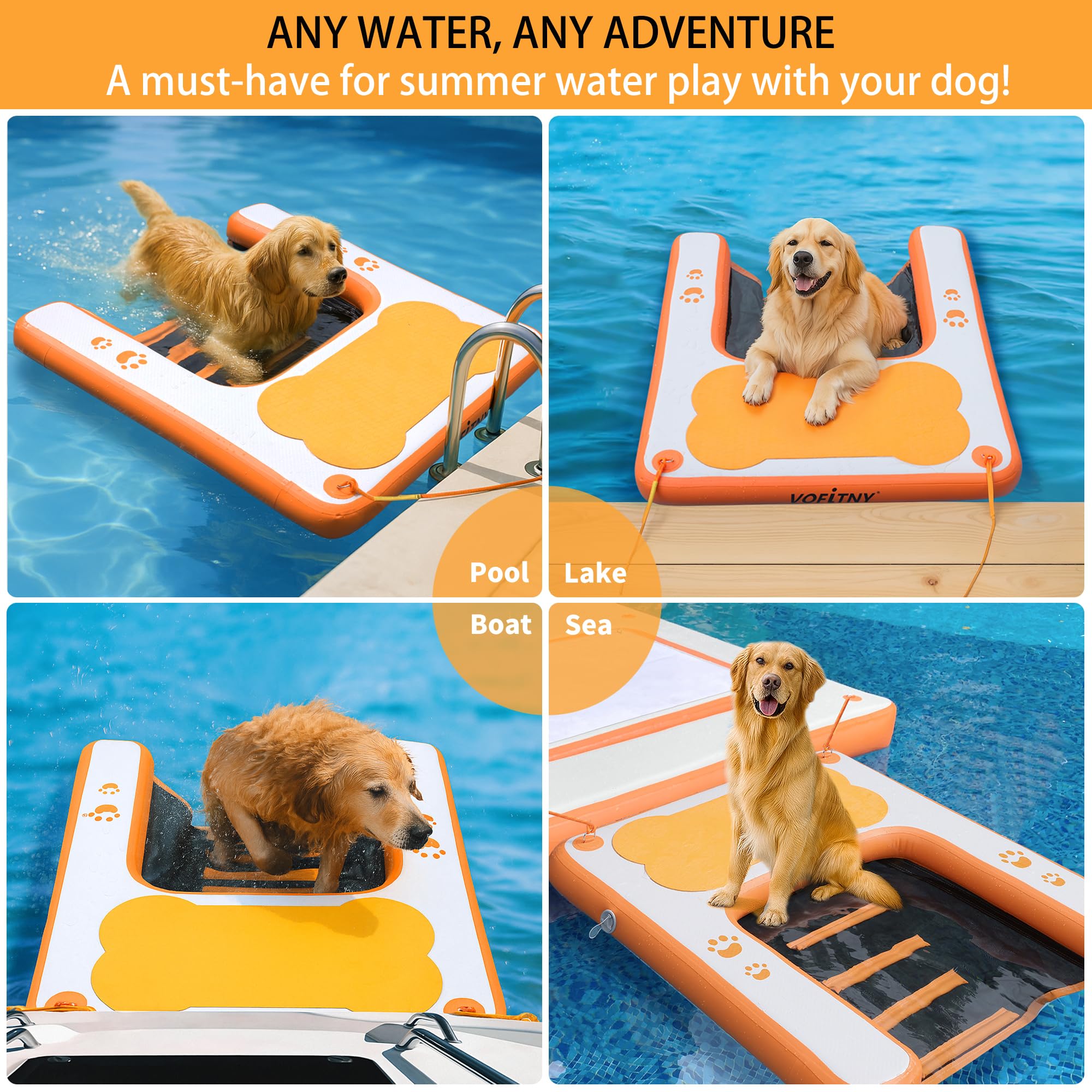 VOFiTNY Rampa da piscina per cani fino a 90,7 kg, 2025 nuove rampe per cani con cuscinetto antiscivolo in EVA e scala per pesi, gradini per cuccioli per piscina/barca/pontile/mare, dock arancione per