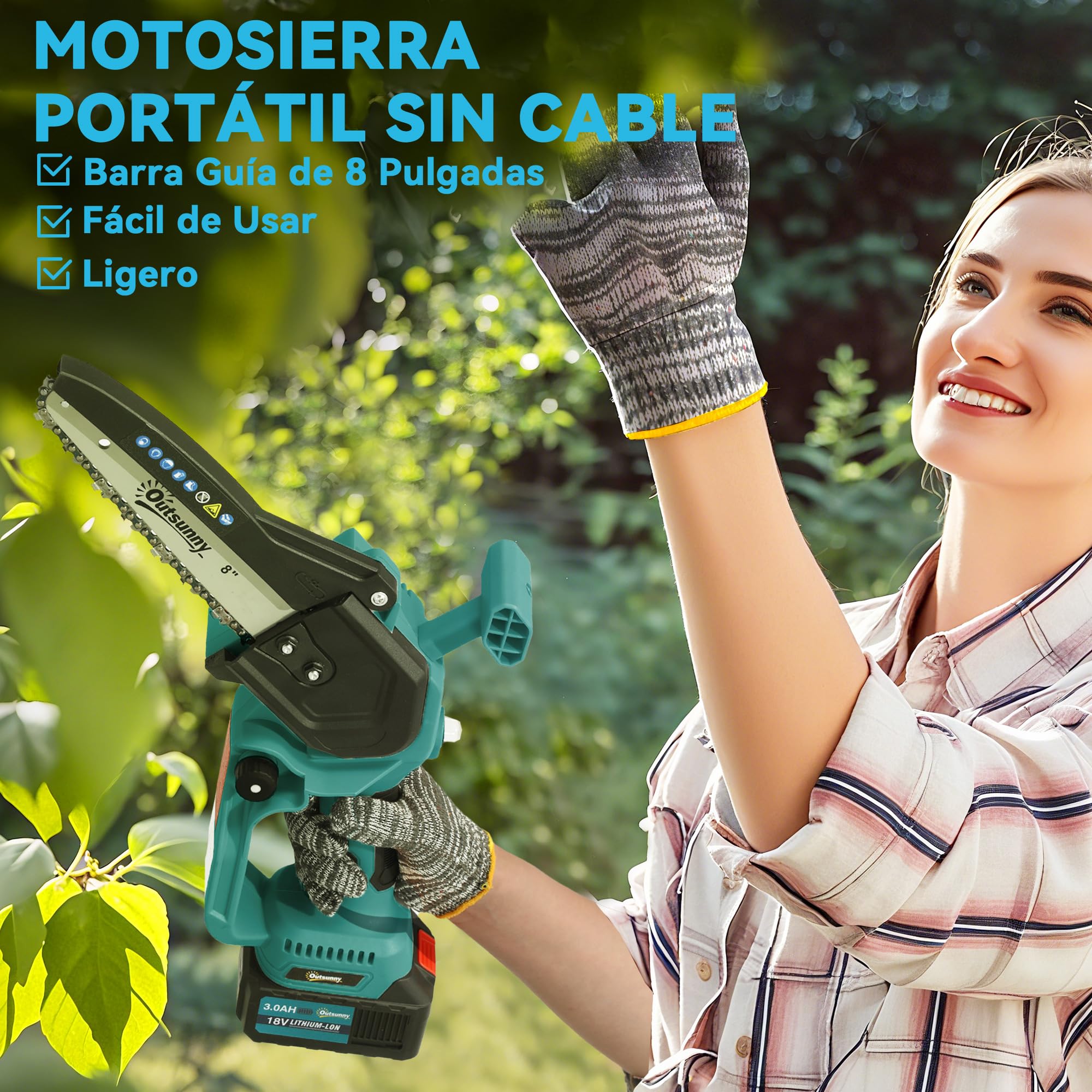 Outsunny Mini Motosierra Batería 6000mAh 8 Pulgadas 580W 2 Baterías | Motor sin Escobillas, Motosierra Eléctrica con Palo Extensible, Doble Bloqueo, para Podar Árboles, Jardinería y Madera