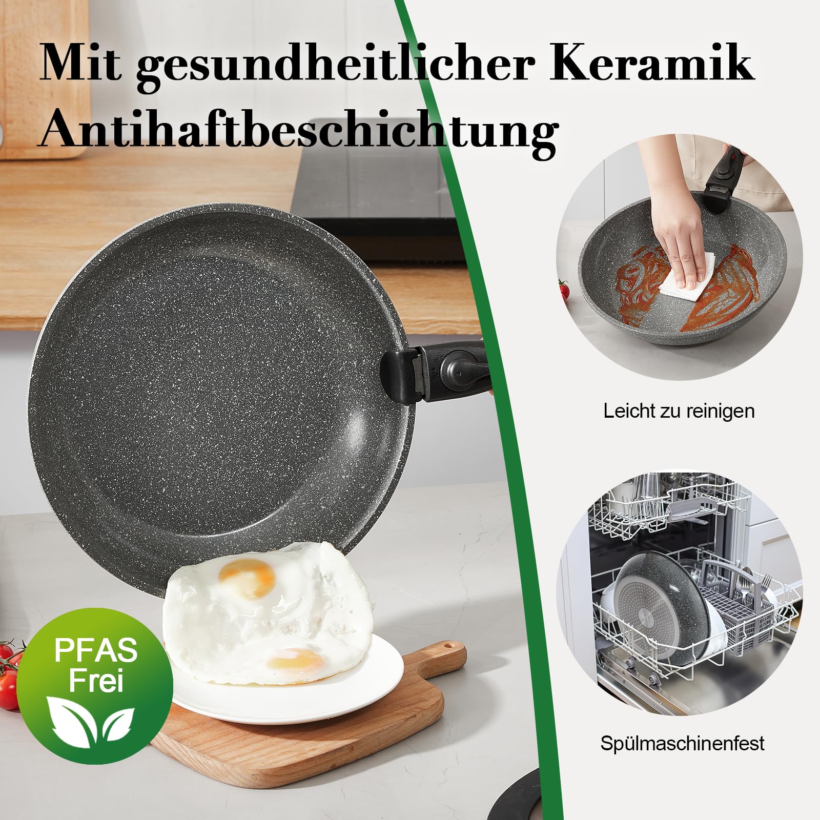 Topfset Pfannenset Induktion 7-teilige mit Abnehmbarer Griff, PFAS-Frei Keramik-Antihaftbeschichtet Pfanne 24/28cm, Kasserolle 16/20cm mit Glasdeckel, Stapelbar Ofenfest, Grau