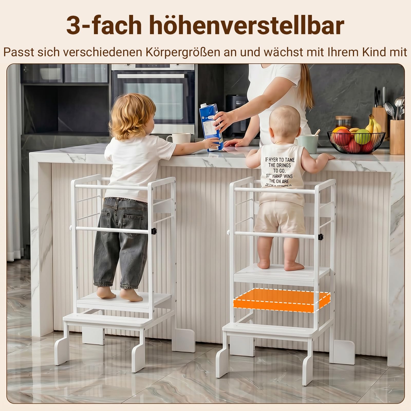 COSYLAND Lernturm Montessori Learning Tower Holz Stabil, Reinweiß | Stabiler Toddler Tower mit 4 Stützfüßen & Rutschschutz. 3-fach höhenverstellbar für Kinder ab 2 Jahren in Küche.