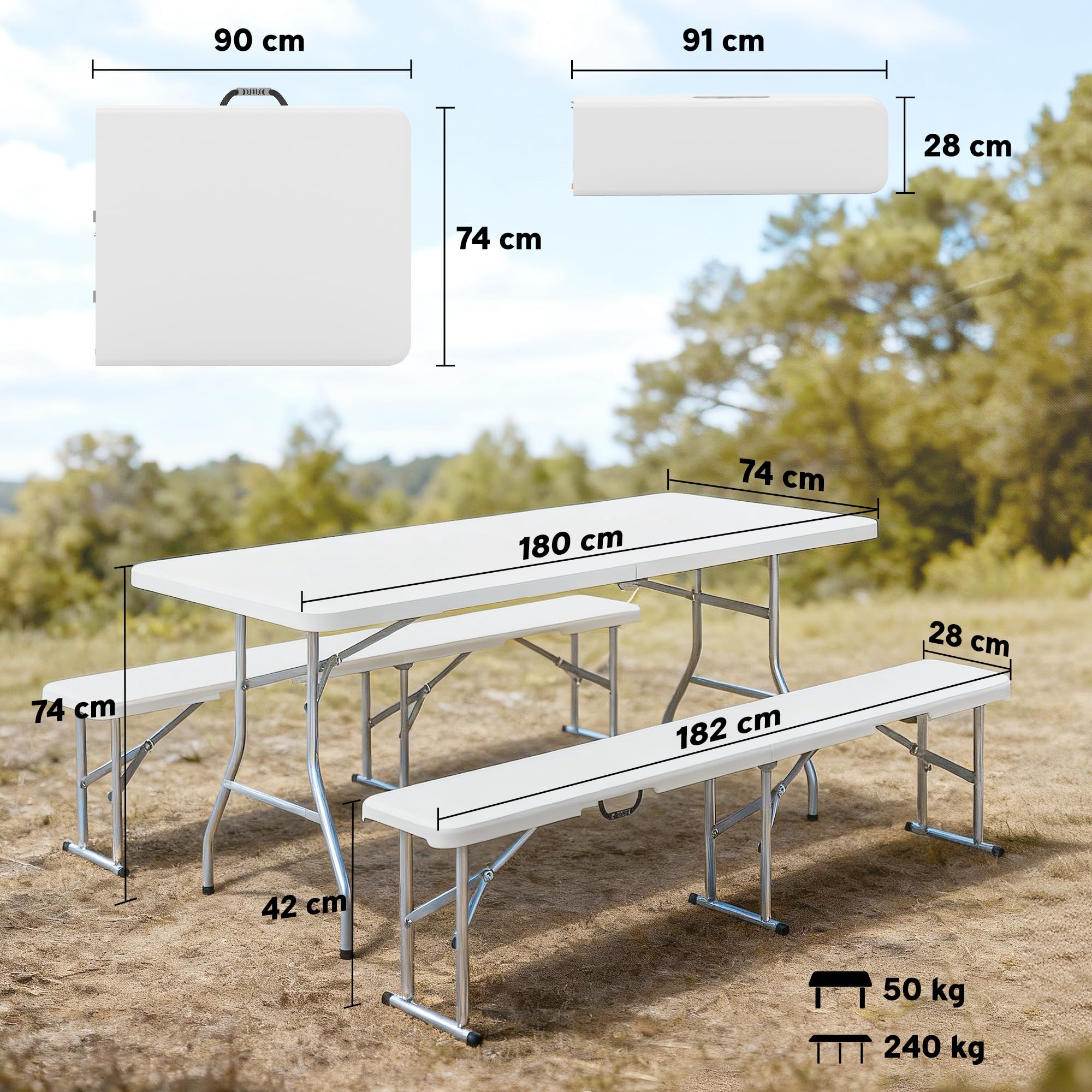 Outsunny Set Tavolo da Campeggio Pieghevole con 2 Sedie, Tavolo da Pic Nic e 2 Panche da Esterno, Set Tavolino Campeggio con Maniglie in HDPE e Metallo, per Picnic, Mare, Spiaggia, Giardino, Bianco