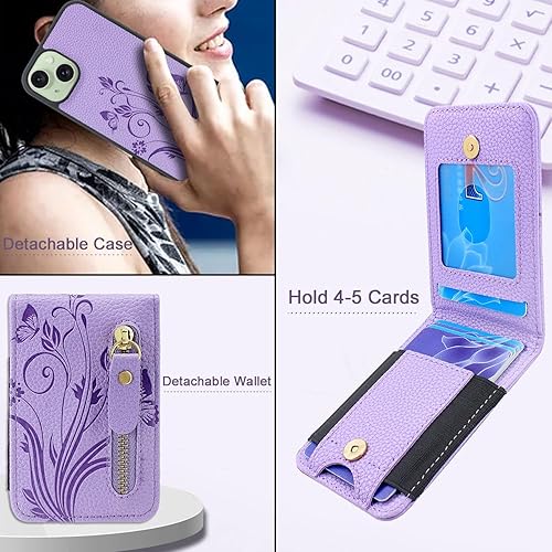 Miniatura 6 de Lacass Funda compatible con MagSafe para iPhone 15 PlusiPhone 14 Plus de 6.7 pulgadas, tarjetero magnético desmontable con cremallera (morado claro