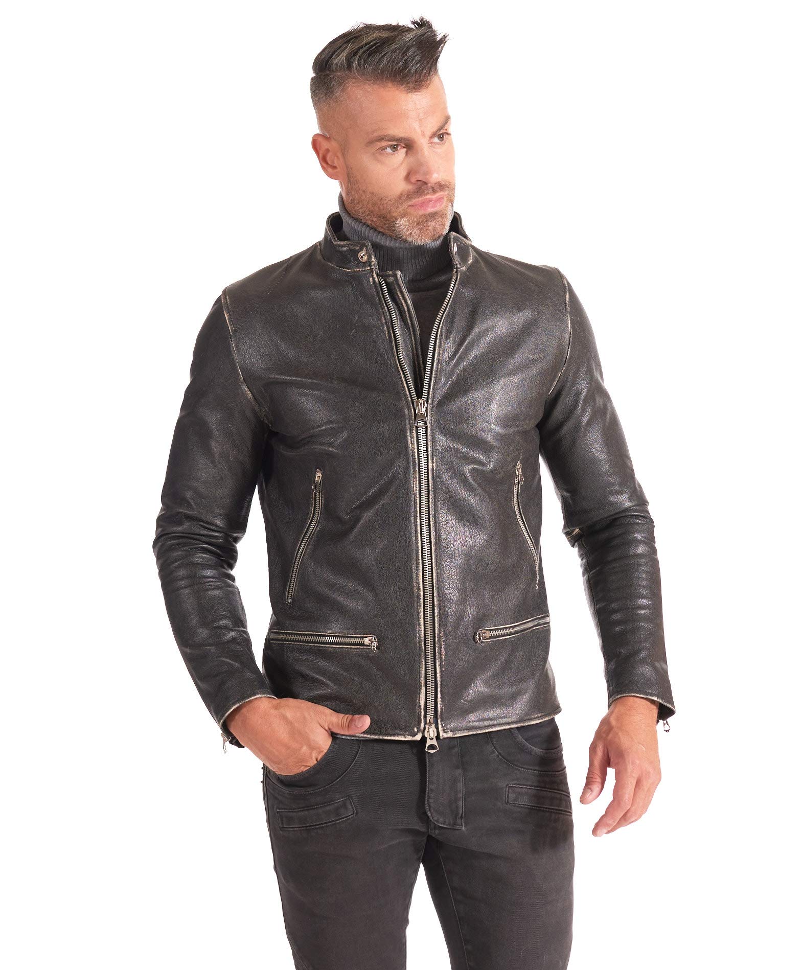 D'arienzo Men's Nero Black Vintage Leather Jacket Biker Genuine Leather Made In Italy Philiphs 48/S/Black