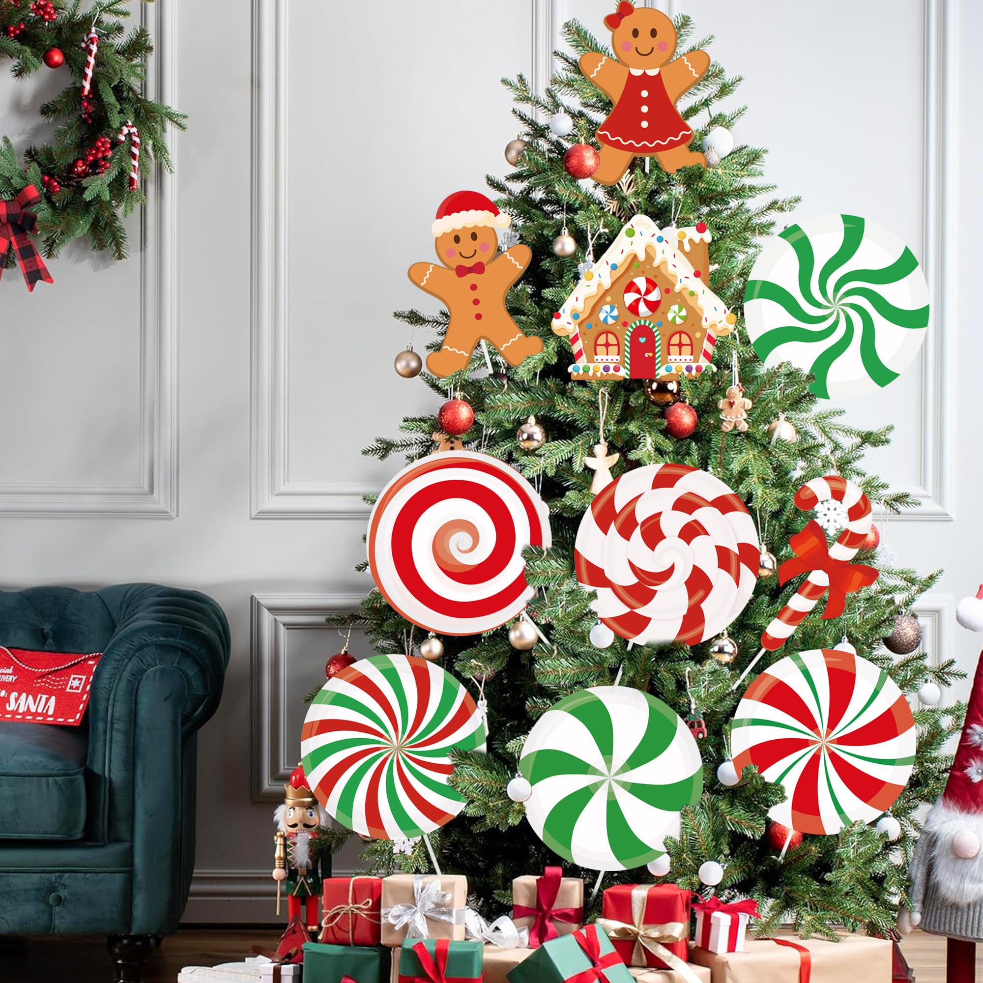 12 Stück große Süßigkeiten-Lebkuchen-Weihnachtsbaum-Plektren, 25,4 cm, Zuckerstange, Lebkuchenmann, Weihnachtsbaumschmuck, Pfefferminz-Lutscher, hängende Dekoration für Weihnachtsbäume, Dekoration