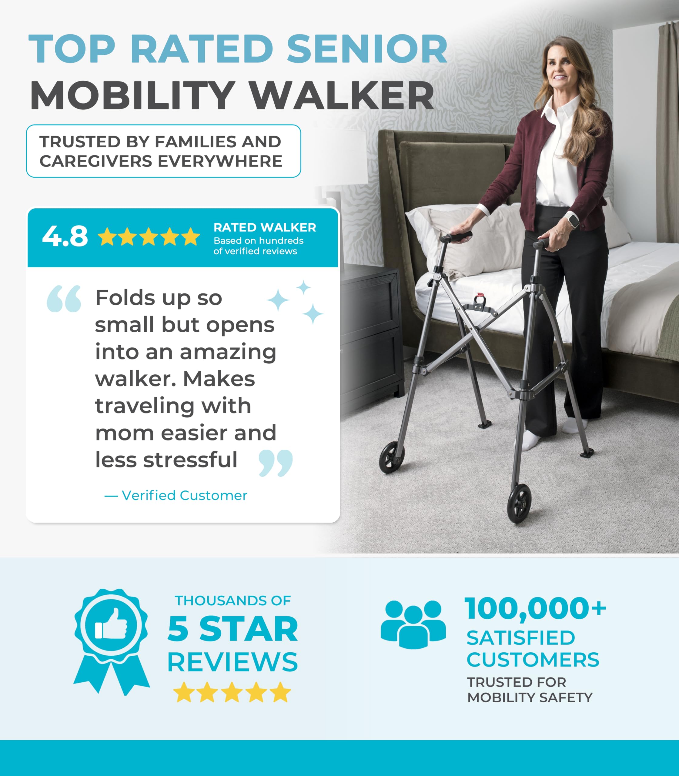 Stander Wonder Walker with 5-inch Wheels, Lightweight Folding Walker for Adults, Seniors, and Elderly, Collapsible Travel Walker, Ski Glides for Mobility Support, Compact, Black Walnut — Amazon image 9