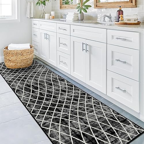 Miniatura 6 de Alfombra de pasillo de enrejado lavable  Alfombra de pasillo negra de 2 x 8 pulgadas con respaldo de goma, envejecida moderna geométrica enrejado