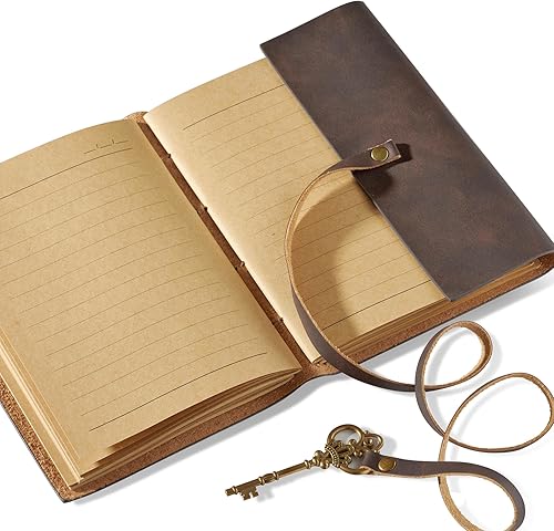 Miniatura 5 de Diario de cuero genuino de 5 x 7 pulgadas con llave, 200 páginas de líneas, diario encuadernado en cuero hecho a mano para diario de viaje (marrón