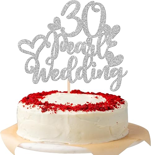 Miniatura 8 de 25 piezas de adornos para cupcakes de 30 aniversario con 30 perlas para pastel de boda, corazón con purpurina, 30 aniversario de boda, decoración de