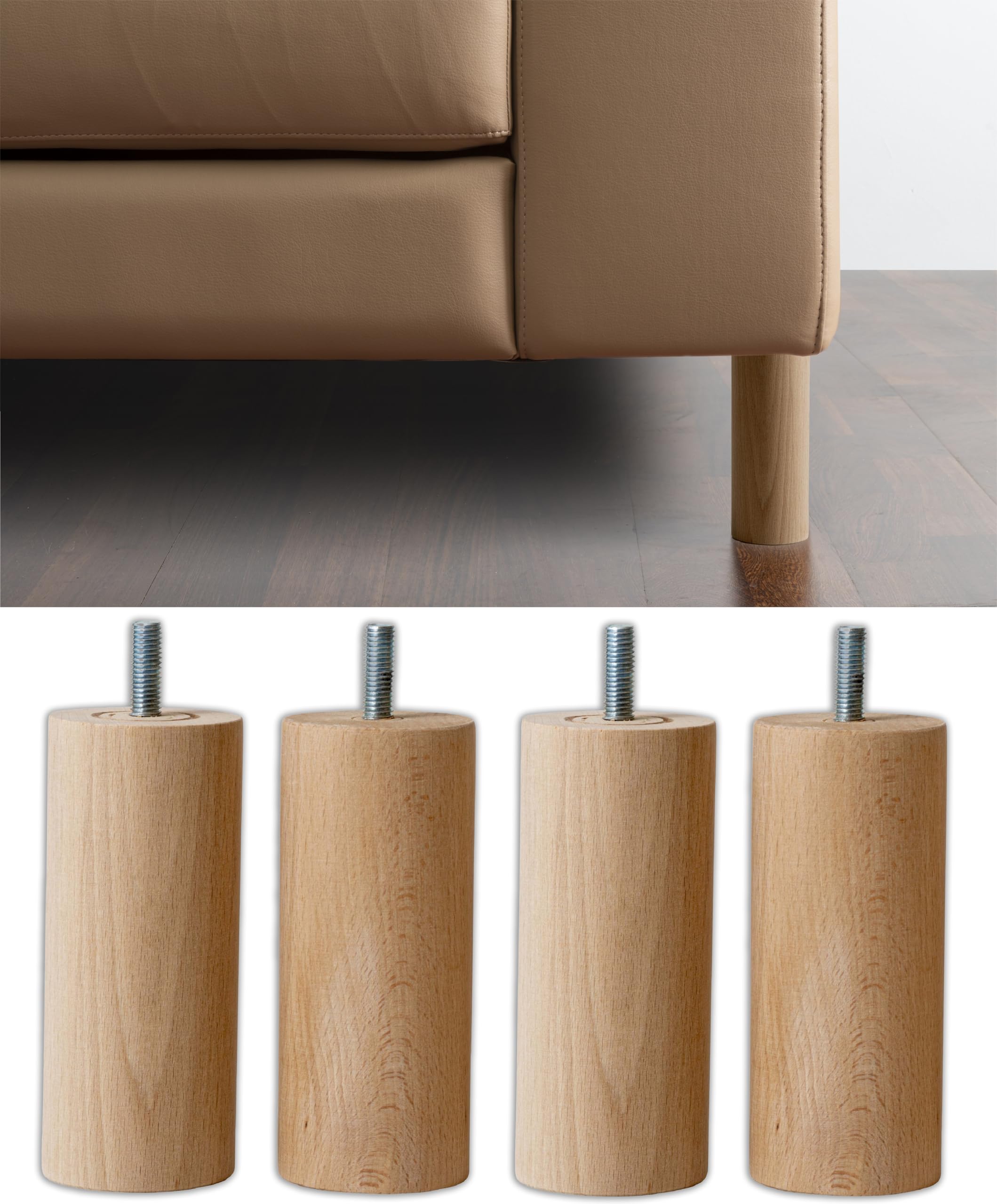 IPEA Piedini in Legno per Mobili e Divani - Altezza 140 mm – [ DESIGN MINIMAL ED ELEGANTE ] - Set di 4 Piedi in Legno Grezzo per Armadi, Poltrone, Arredamento Casa - Gambe per Letti – Vite M10