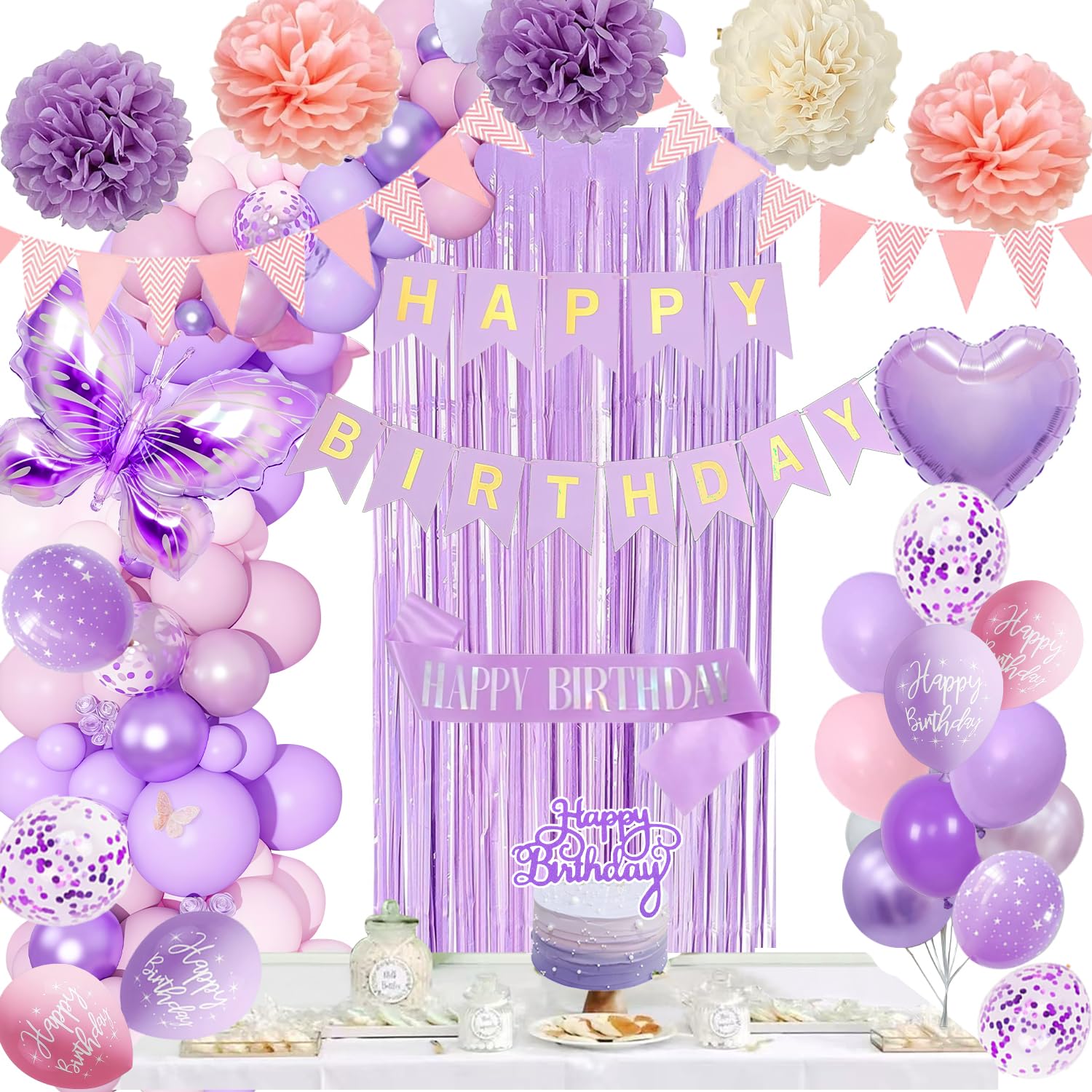Purple and Pink Birthday Decorations, Happy Birthday Banner and Purple Pink Balloons Birthday Party Decorations, Butterfly Foil Fringe Sash Pom Poms, Bunting Banner for Women Girls Party Decoration