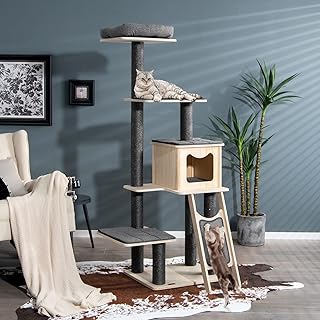 Tangkula 69 Inch Modern Cat Tree, 5-Tier Wood Cat Tower with Scratching Sisal Posts, Top Perch, Cute Cat Condo, Tall Cat Tree with Washable Cushions for Indoor Large Cats Kitten (Grey)
