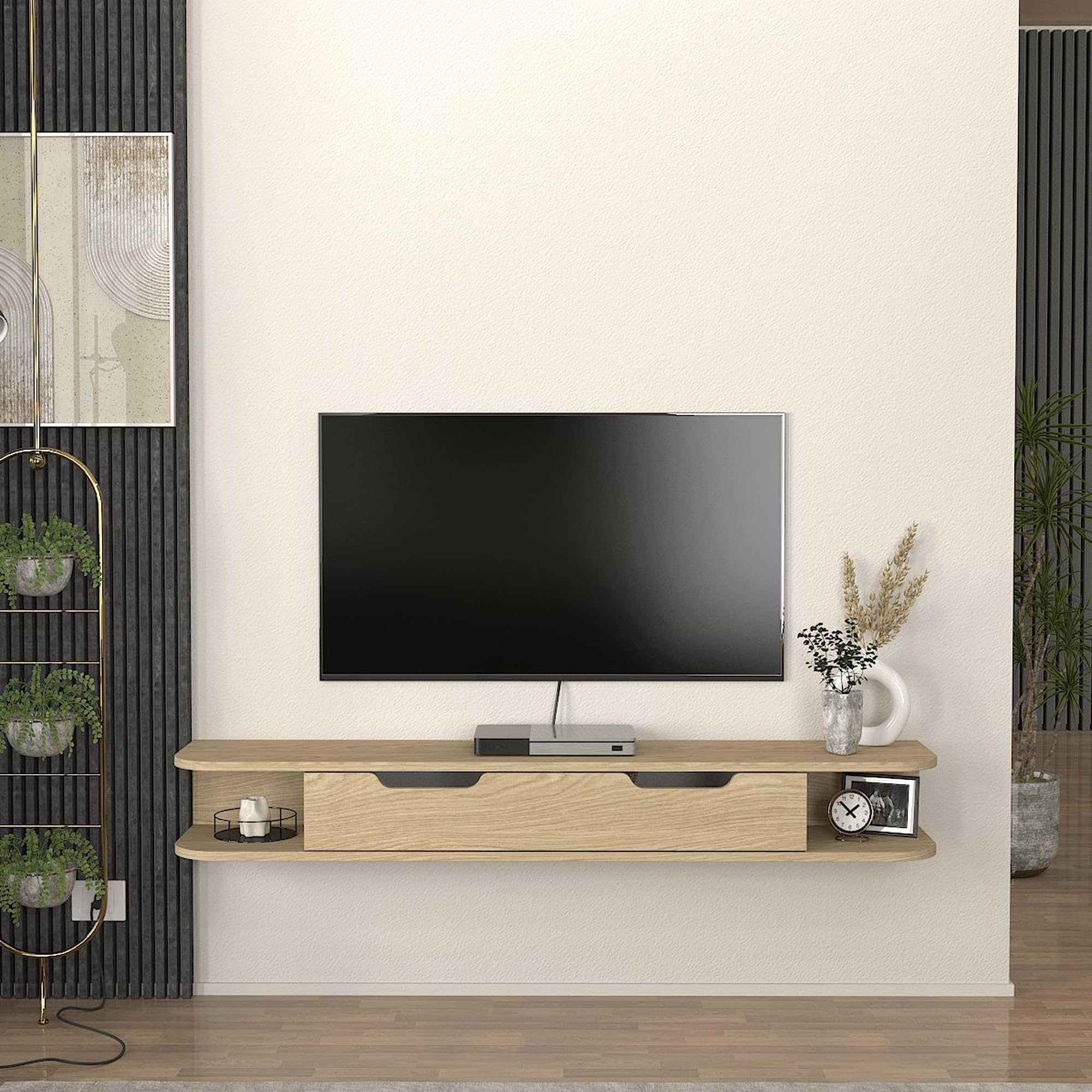[en.casa] Mobile Porta TV da Parete con Anta a Ribalta e 2 Ripiani Mensola Sospesa con 3 Scomparti Vani Stand Multimediale Fori Passacavi 150 x 30 x 19 cm - Effetto Rovere