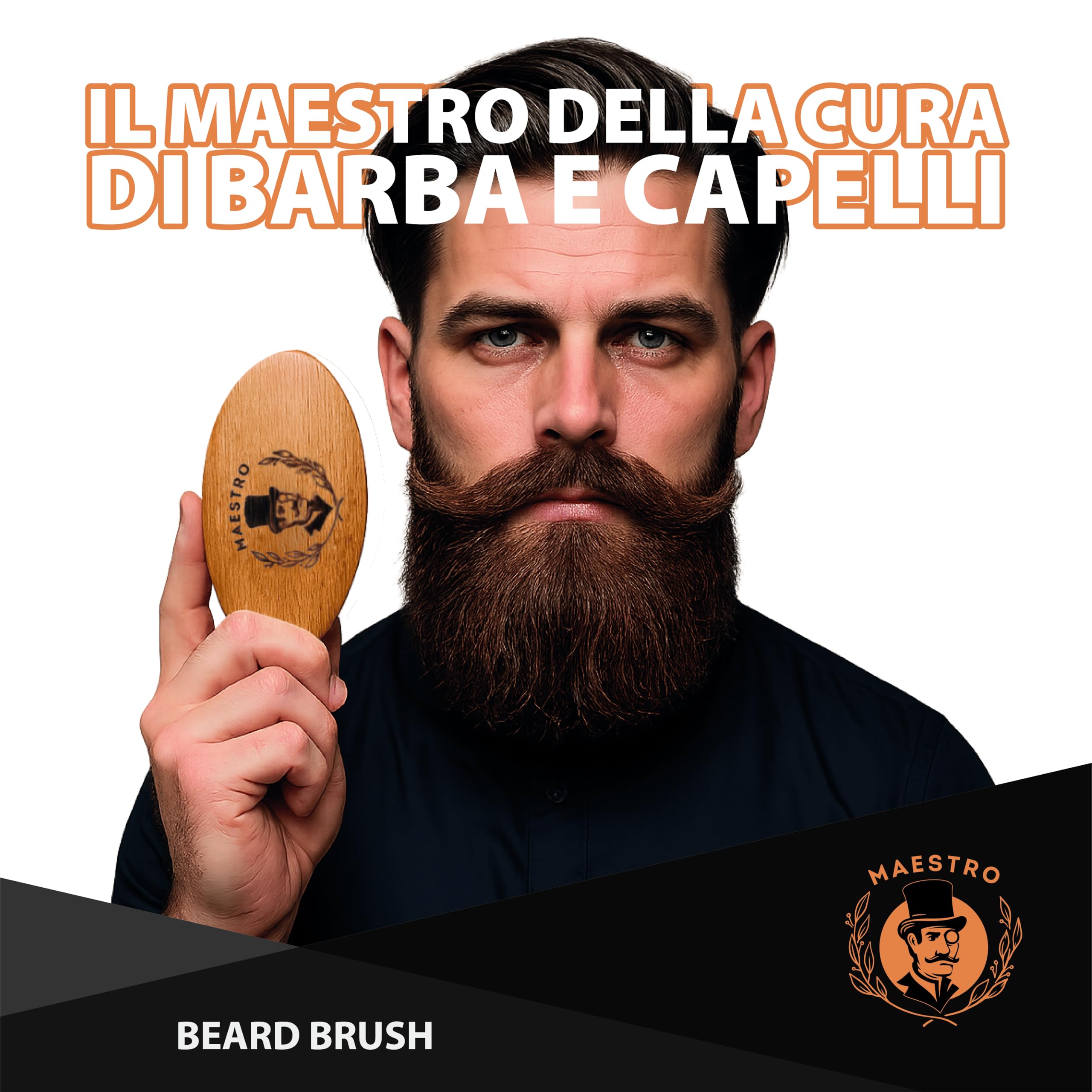 Spazzola da Barba Maestro – Setole Naturali di Cinghiale – Manico Ergonomico – Domina e Modella la Barba – Cura Professionale per Uomo