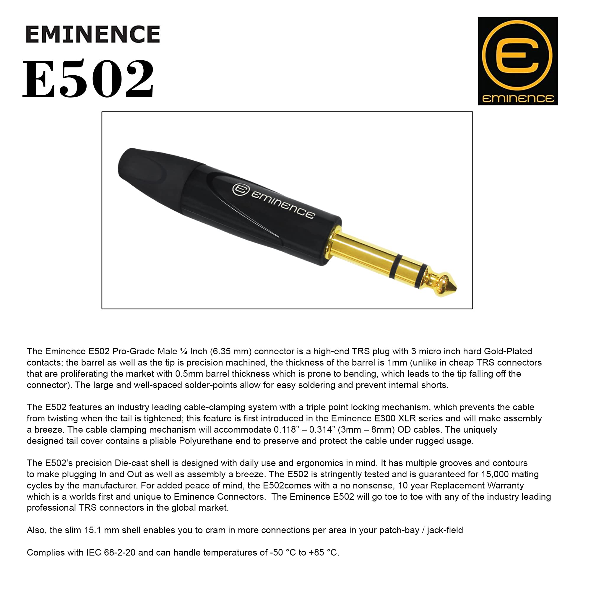 2 unidades - 3 metros - Micrófono Van Damme Tour Grade Classic XKE - Cable de conexión TRS equilibrado OFC chapado en plata premium con conectores estéreo Eminence E502 6,35 mm oro TRS