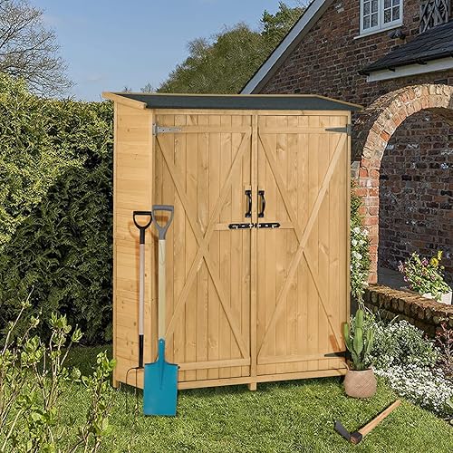 Gabinete de almacenamiento de madera para exteriores impermeable cobertizo de herramientas de jardín con estantes y estación de trabajo plegable
