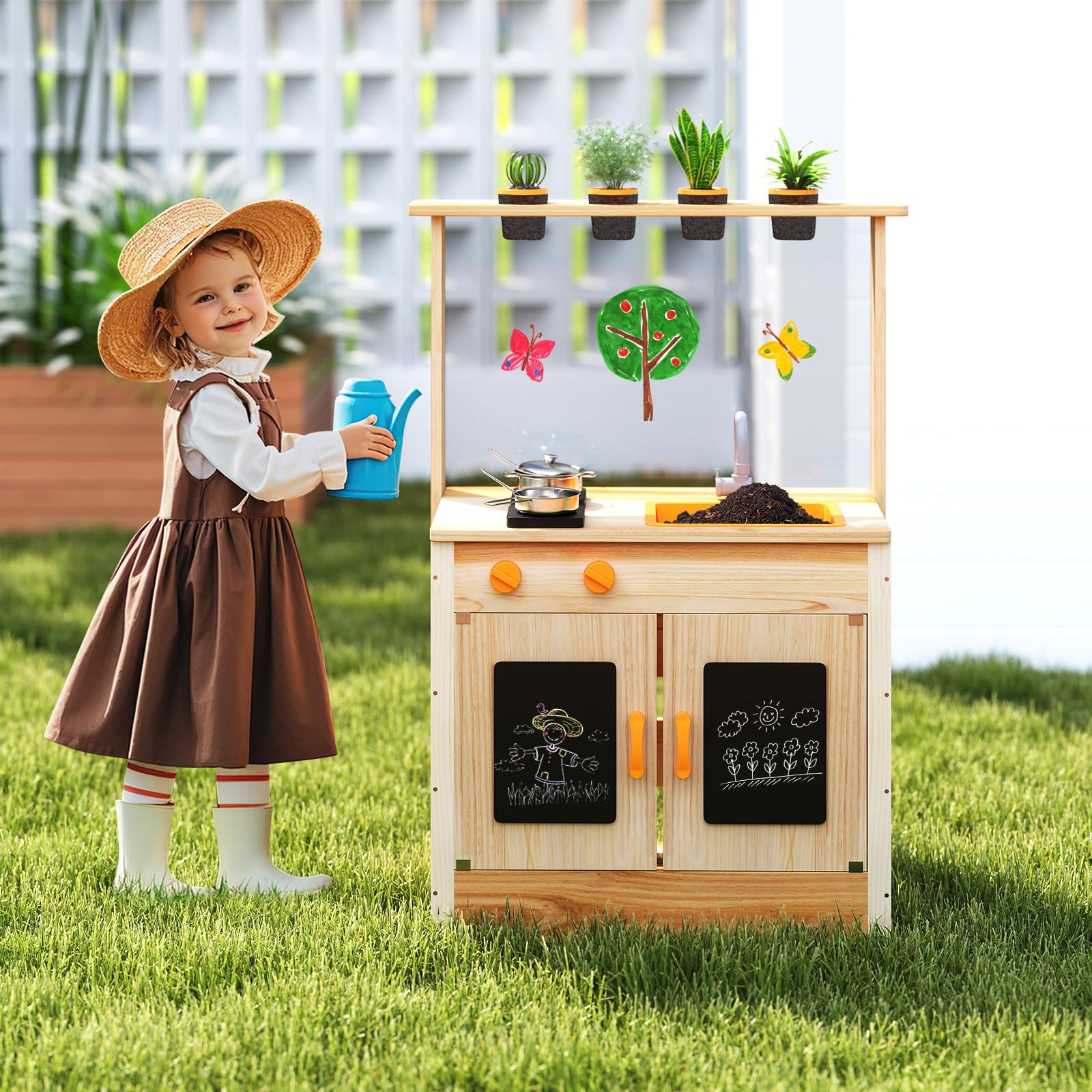 COSTWAY Cucina Giocattolo per Giardino con Lavagna Acrilica per Dipingere, Cucina in Legno di Abete per Bambini con 4 Vasi da Giardinaggio, Set Cucina con Accessori, 68 x 34 x 93 cm