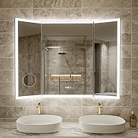 YUGAHompack 48x36 Trifold LED Bathroom Mirror with Lights, Removable Magnifier, Anti-Fog, Dimmable Front & Backlit, 180° Foldable Wall Mount