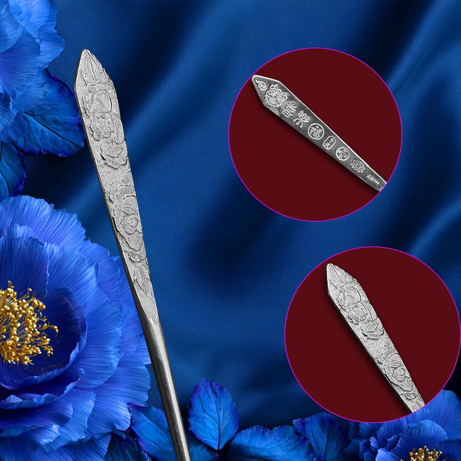 HangErFeng Women Silver Hairpin Flat Shape Peony Pattern Everyday Hairpin 925