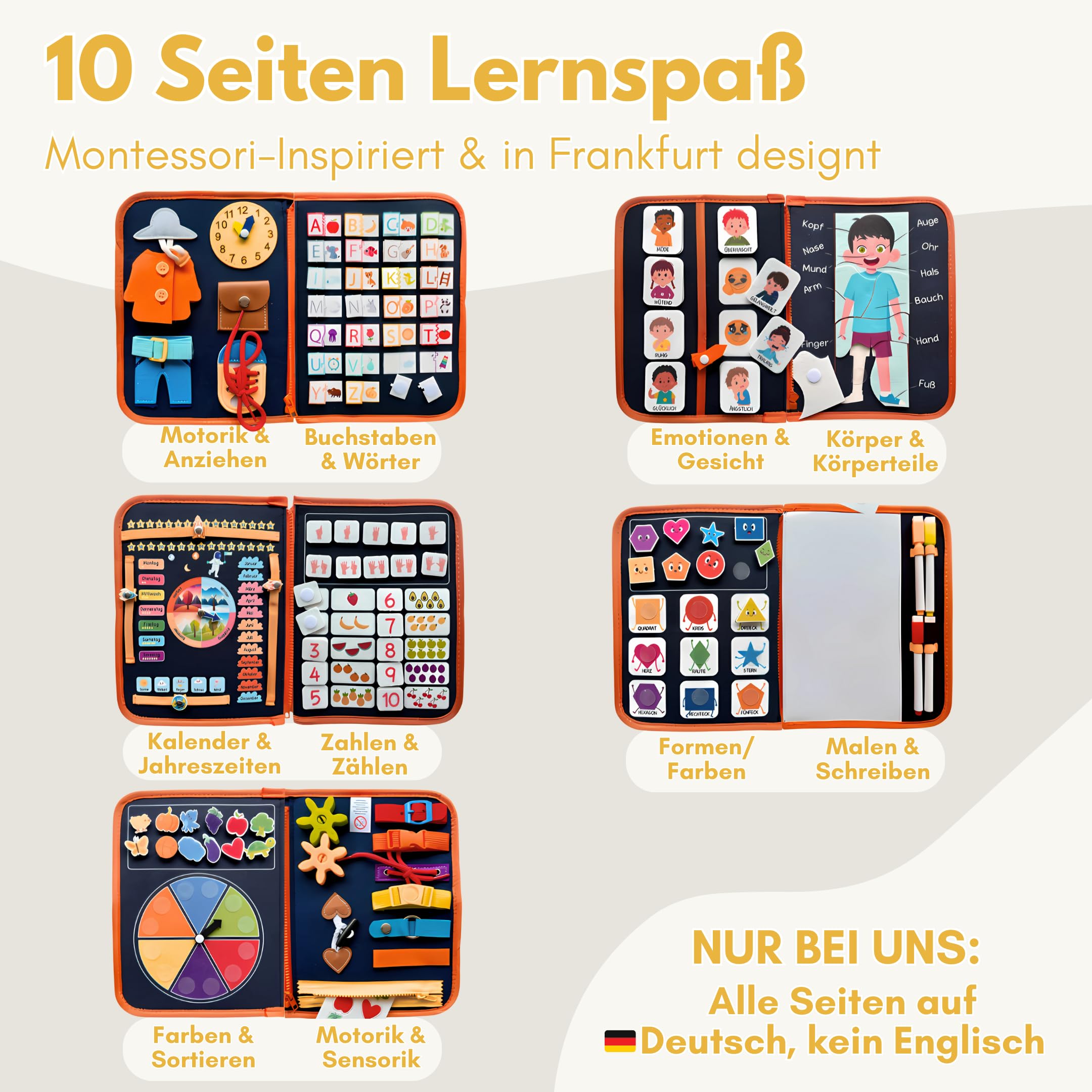 Lion's Collection® Busy Board Tedesco - Montessori Giocattoli a partire dai 3 anni per promuovere le capacità motorie e la creatività - Activity Board per bambini - Busy Book & Quiet Book su 10 pagine