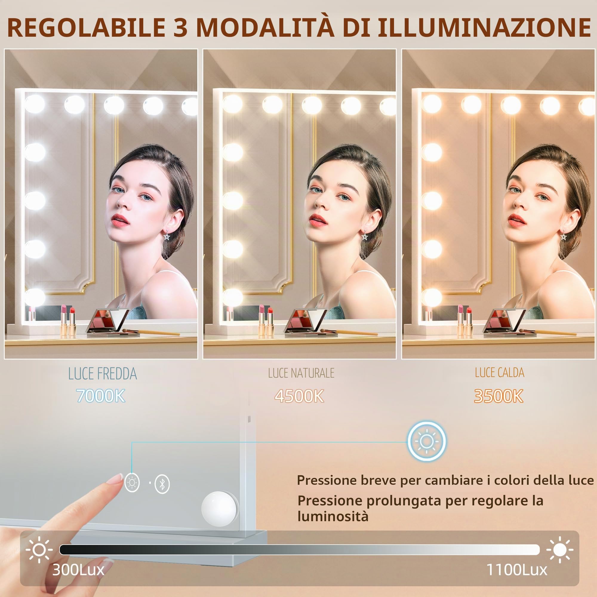 FENCHILIN Grande specchio per il trucco con altoparlante, Luce 3 modalità Hollywood, 15 lampadine LED, dimmerabile, da Tavolo, da Parete